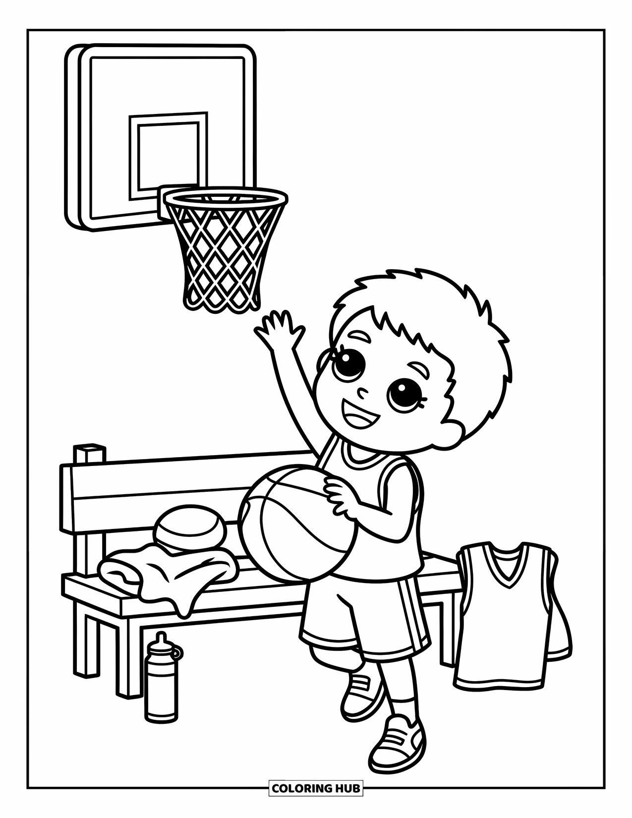 Basketbal Kleurplaat voor Volwassenen: Een vrolijke chibi-jongen probeert zijn eerste layup en reikt hoog naar de basket