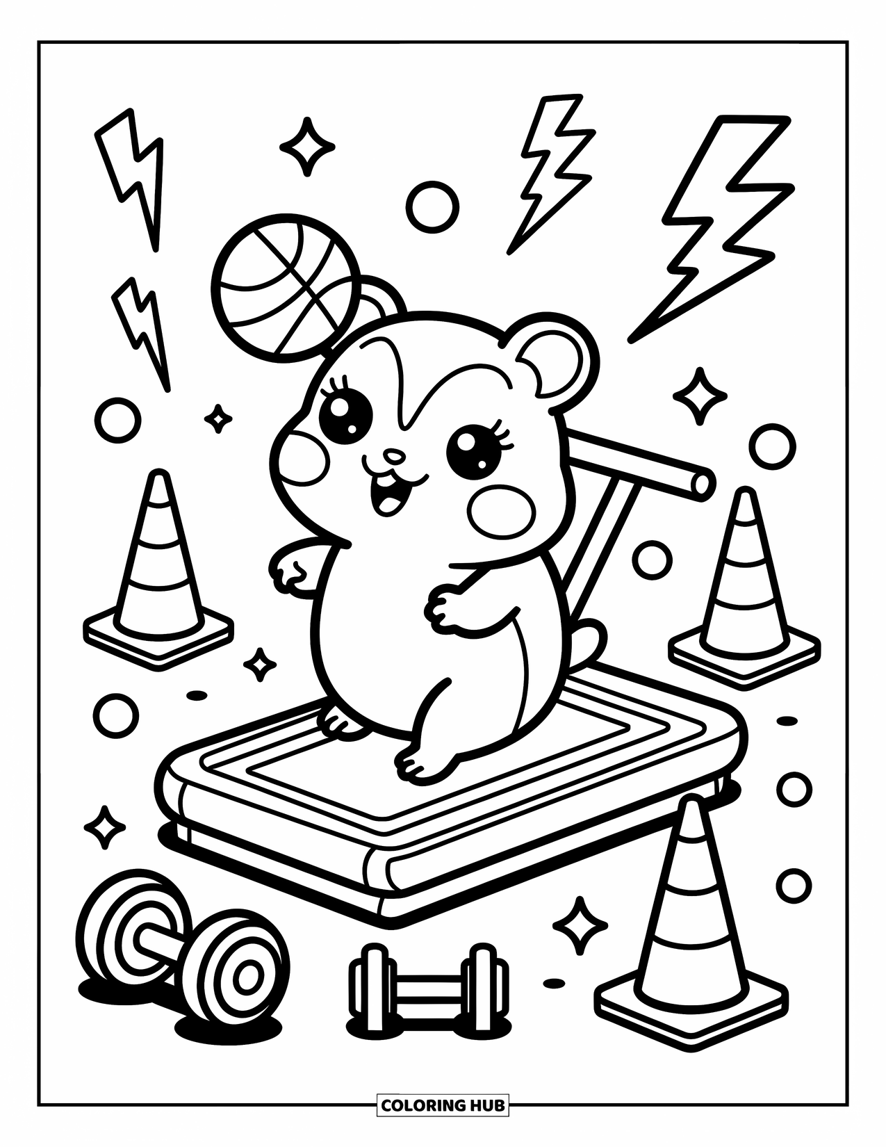 Basketbal Kleurplaat voor Volwassenen: Een vrolijke hamster rent op een loopbandveld en houdt een bal boven zijn hoofd