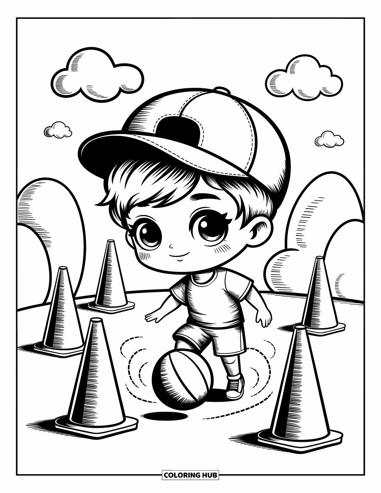 Basketbal kleurplaat voor volwassenen: Een chibi jongen met een schuine pet oefent met dribbelen tussen schattige, zigzag kegels