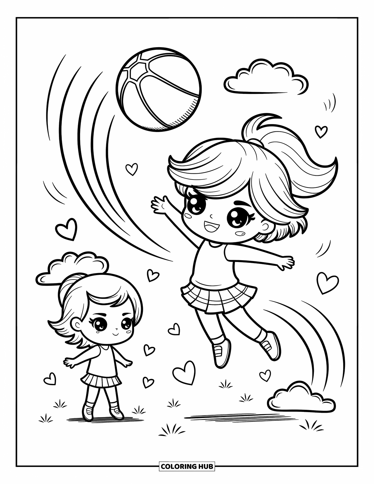 Basketbal Kleurplaat voor Volwassenen: Een chibi-meisje springt om een schot te blokkeren terwijl een ander zich voorbereidt om het te maken