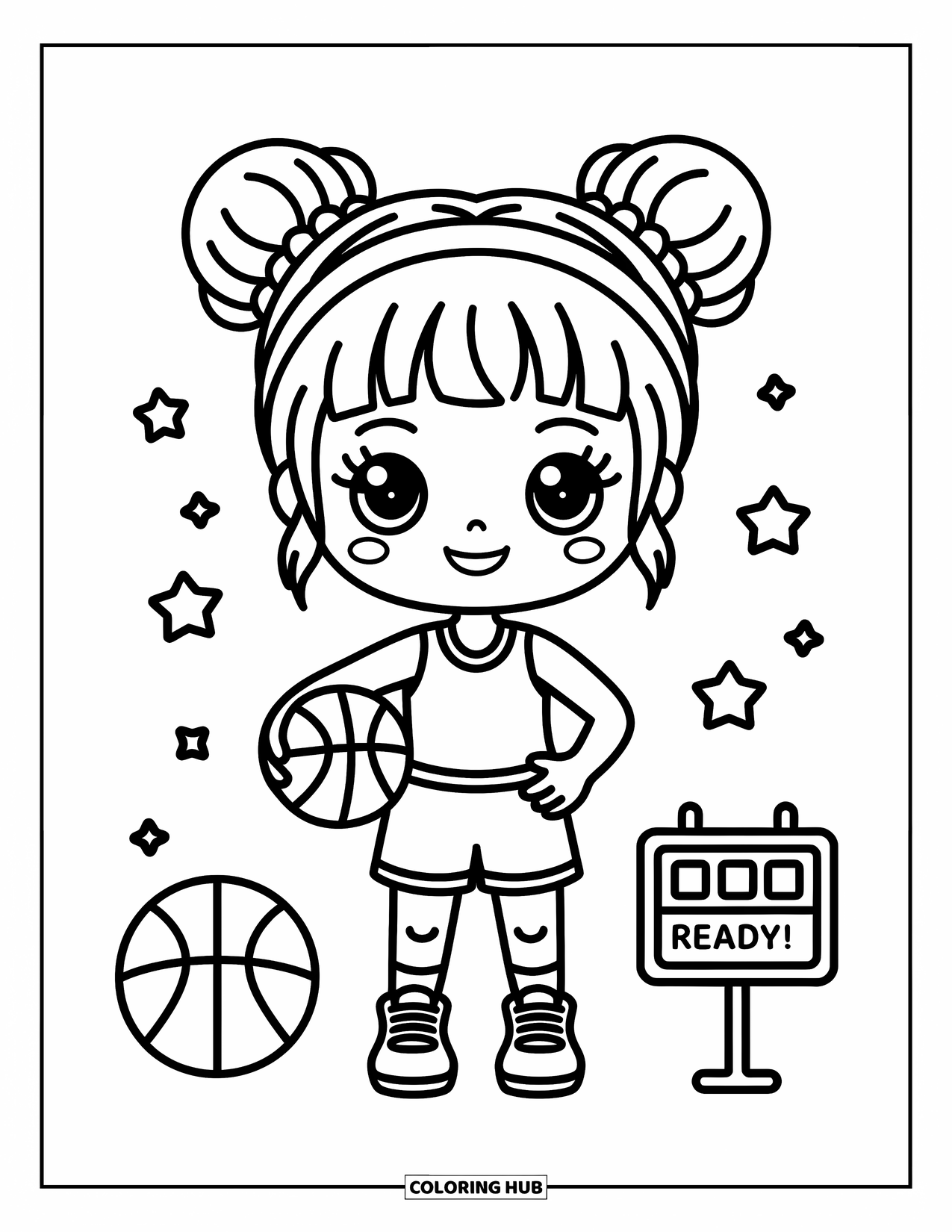 Basketbal Kleurplaat voor Volwassenen: Een chibi-meisje staat trots met een basketbal, omringd door sterren en een scorebord