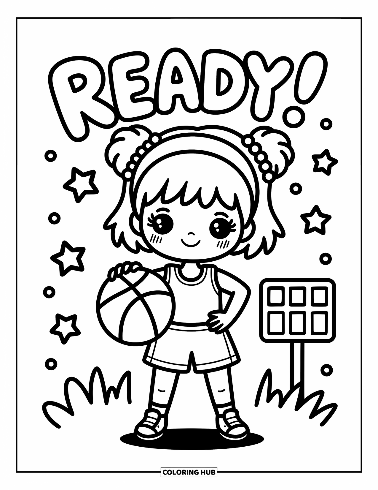 Basketbal kleurplaat voor volwassenen: Een zelfverzekerd chibi meisje houdt een basketbal vast, sterren en een scorebord zweven om haar heen