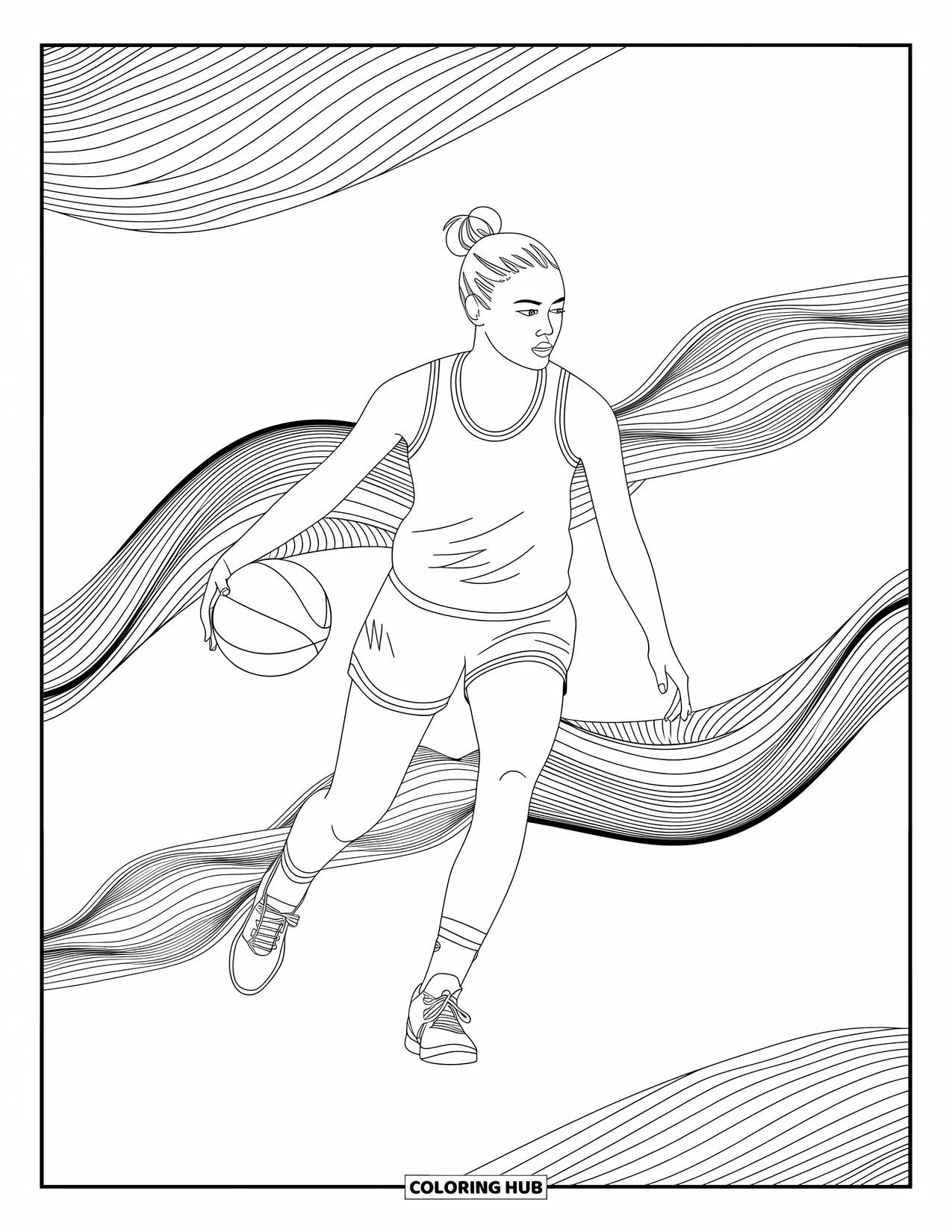 Basketbal kleurplaat voor volwassenen: Een vrouwelijke speler dribbelt met gemak, omringd door vloeiende patronen en abstracte vormen