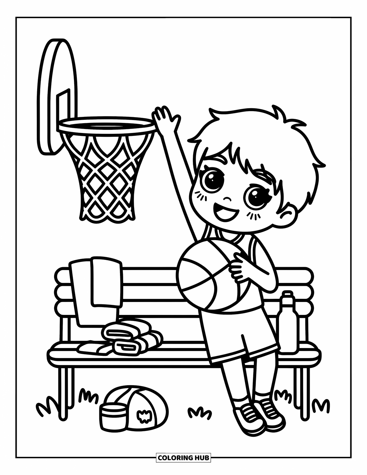 Basketbal Kleurplaat voor Volwassenen: Een blije chibi-jongen probeert een layup, met een bank en uitrusting naast hem