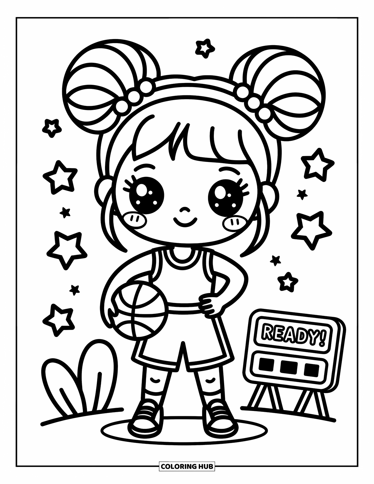 Basketbal kleurplaat voor volwassenen: Een vrolijk chibi meisje staat met een basketbal, sterren twinkelen en een scorebord achter haar