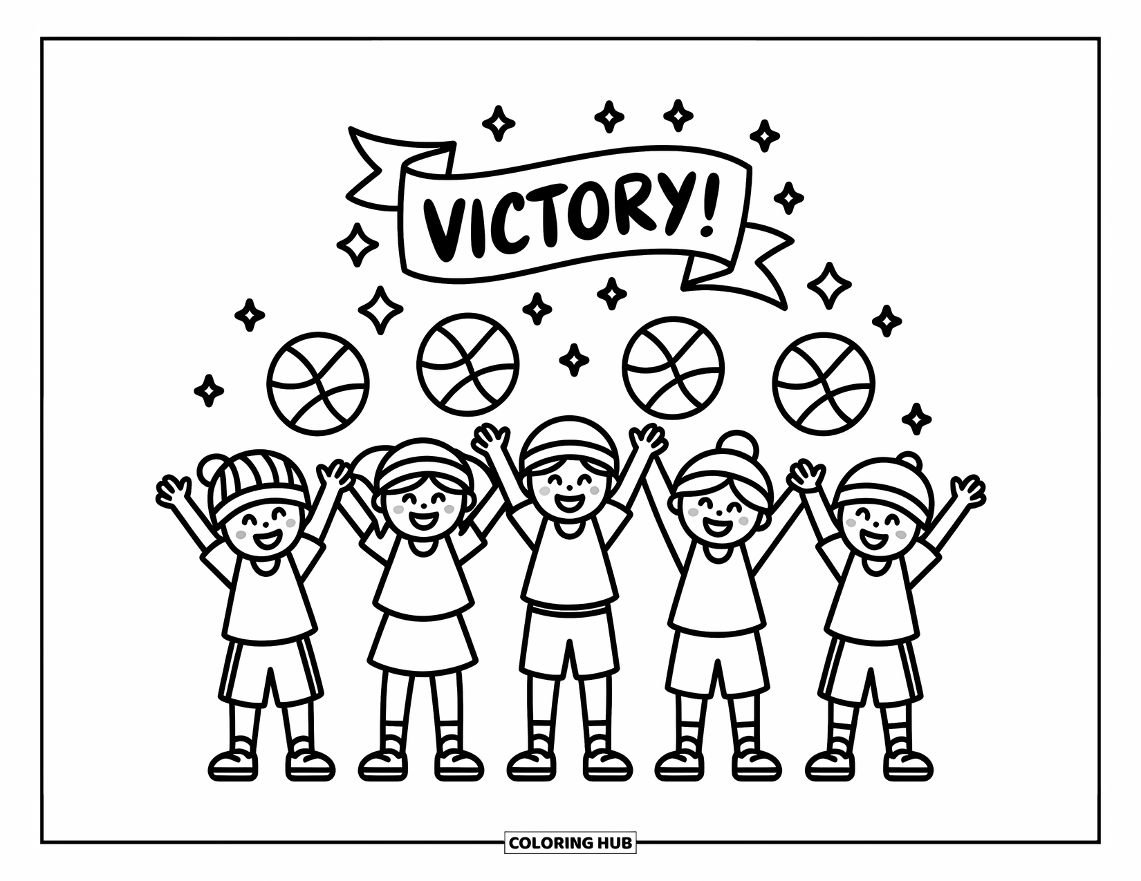 Basketbal kleurplaat voor volwassenen: Een vrolijk team van chibi kinderen viert feest onder een speels "Victory!" spandoek