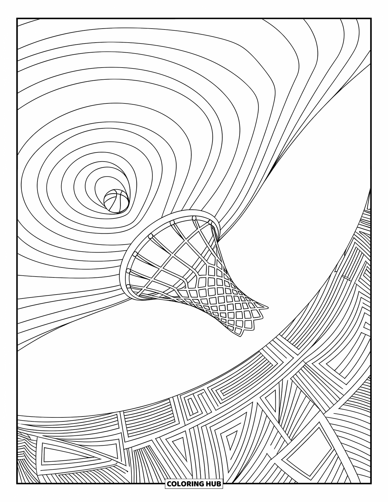Basketbal kleurplaat voor volwassenen: Een slam dunk stuurt rimpelingen en patronen naar buiten in een opvallend slow-motion moment