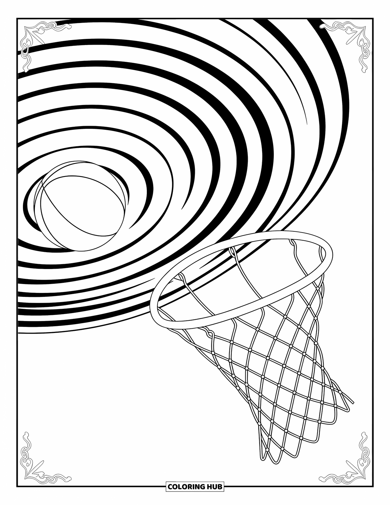 Basketbal kleurplaat voor volwassenen: Een gestileerde slam dunk met wervelende rimpelingen en ingewikkelde achtergrondpatronen