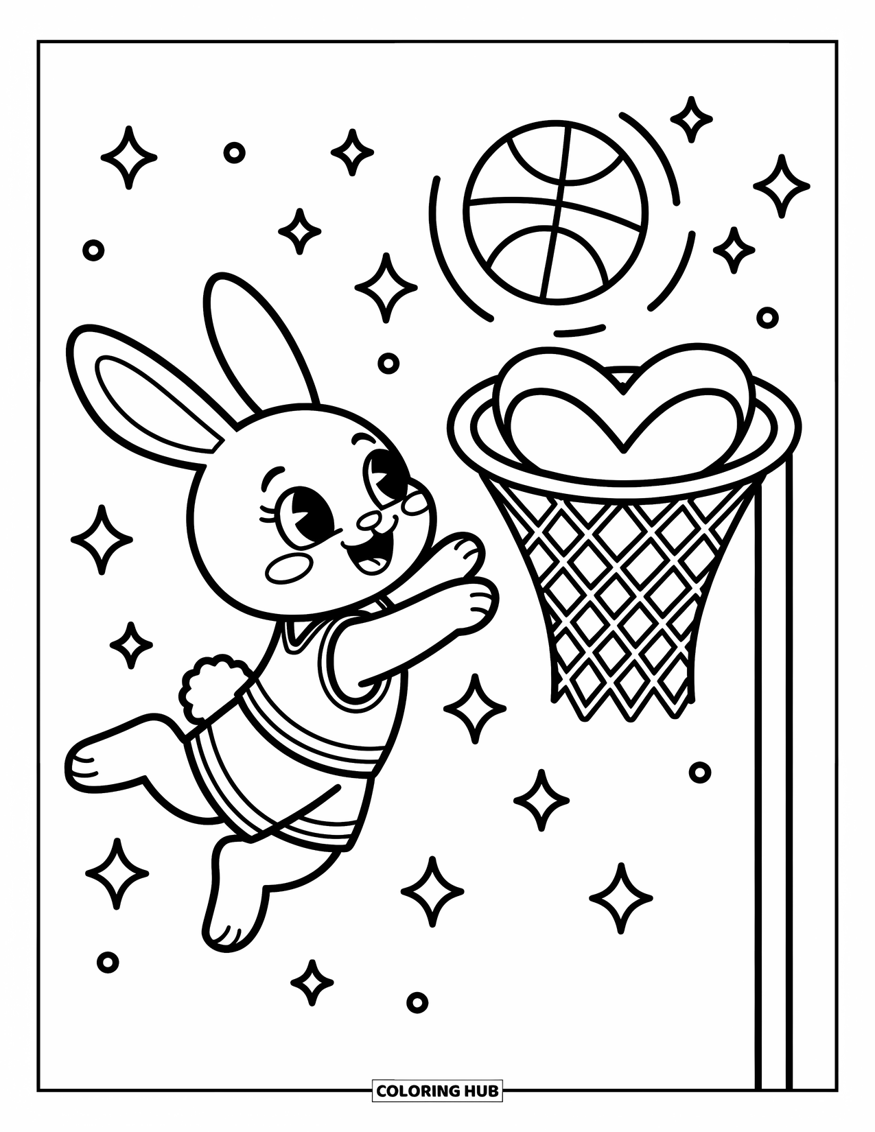 Basketbal Kleurplaat voor Volwassenen: Een klein konijntje springt sierlijk, de bal draait naar een sprankelende hartvormige basketbalbasket
