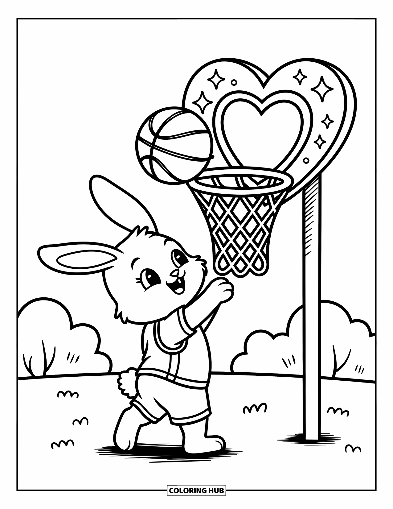 Basketbal kleurplaat voor volwassenen: Een klein konijntje springt om in een hartvormige hoepel te schieten met overal glitters