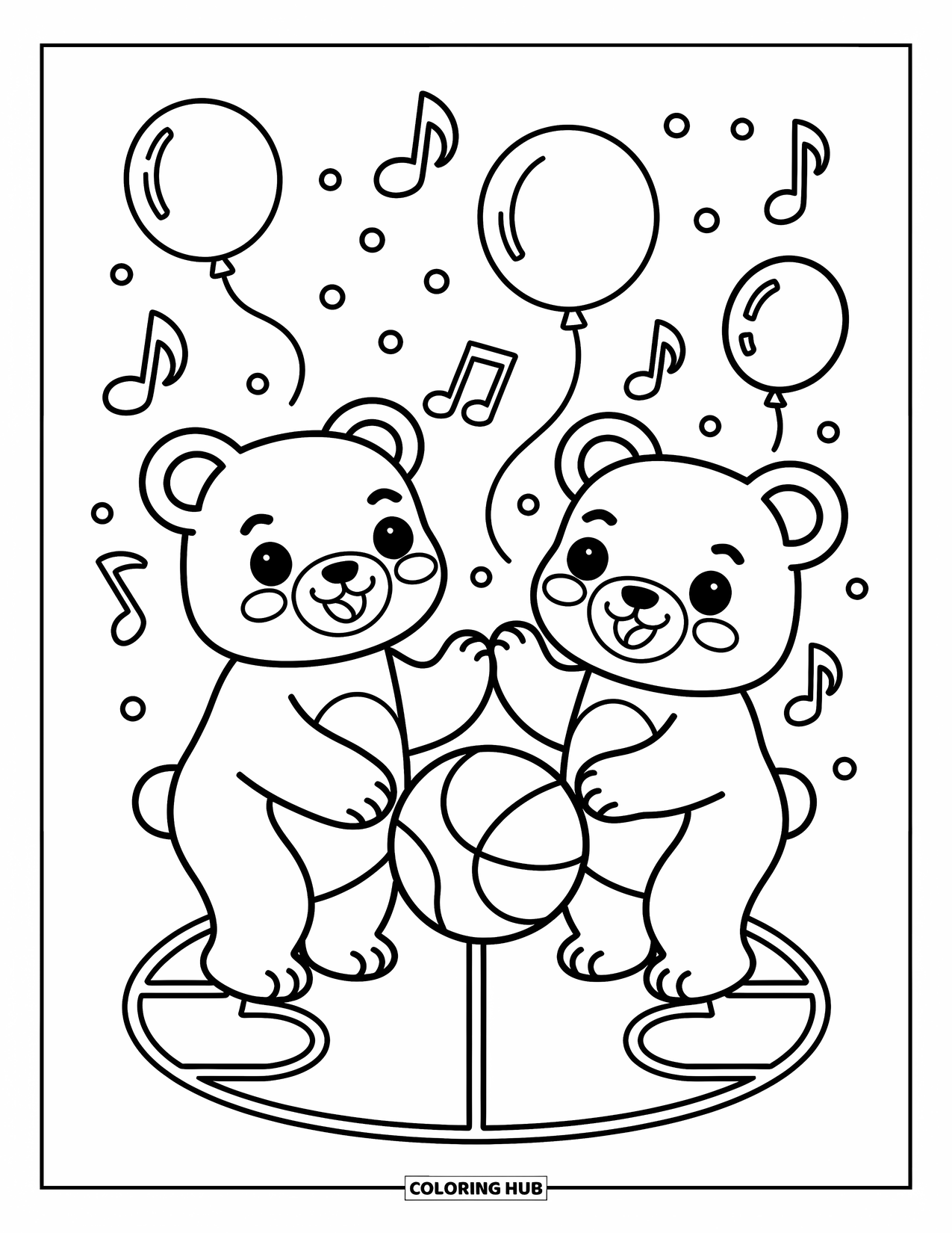 Basketbal Kleurplaat voor Volwassenen: Schattige beren genieten van een speels basketbalspel, met muzieknoten en ballonnen die in de buurt zweven