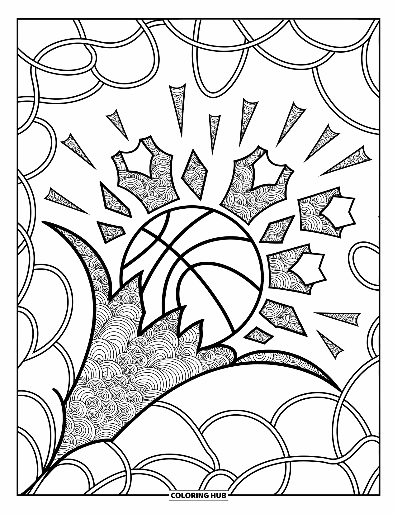 Basketbal kleurplaat voor volwassenen: Een exploderende bal verspreidt stukken met patronen in de vorm van netten en shirts over de scène