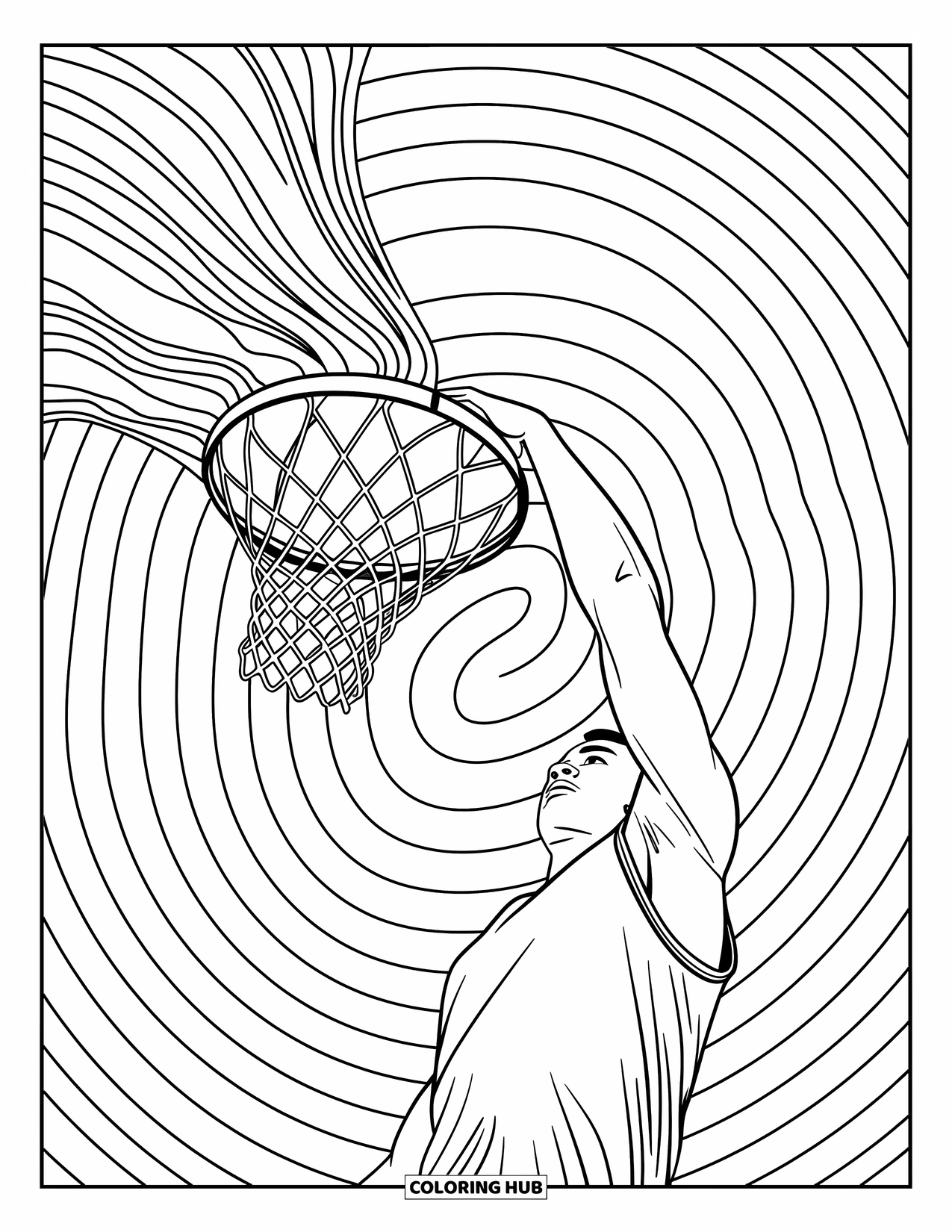 Basketbal kleurplaat voor volwassenen: Bal midden in de vlucht en net dat losraakt, vastgelegd in een dramatische, rimpel gevulde slam dunk scène