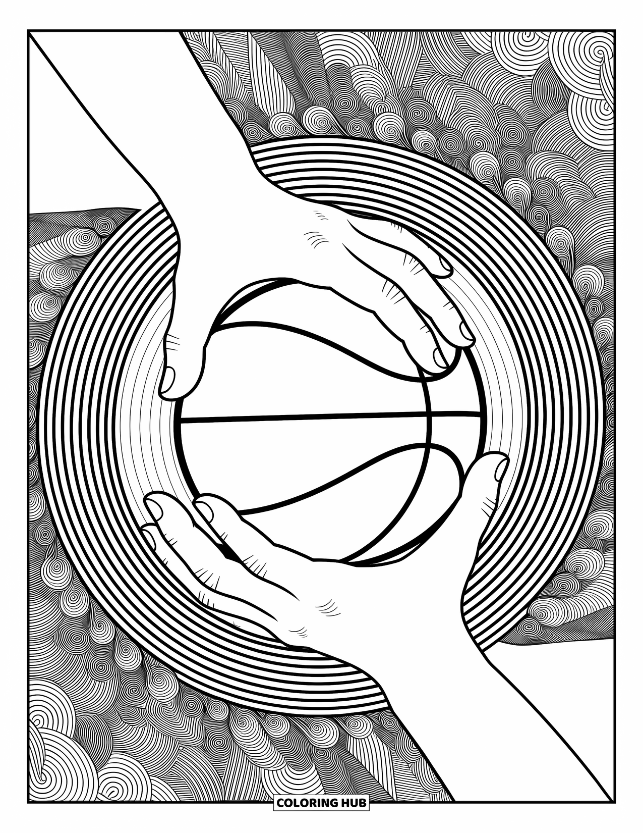 Basketbal kleurplaat voor volwassenen: Basketbal stevig vastgegrepen terwijl spiralen en patronen de achtergrond vullen met een rustgevend ritme
