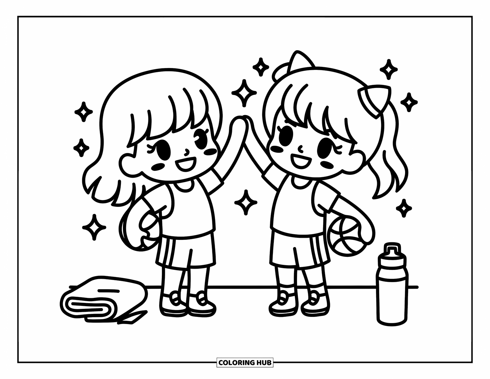 Basketbal Kleurplaat voor Volwassenen: Chibi-vrienden vieren feest met een high-five, basketbal- en velddetails voegen charme toe