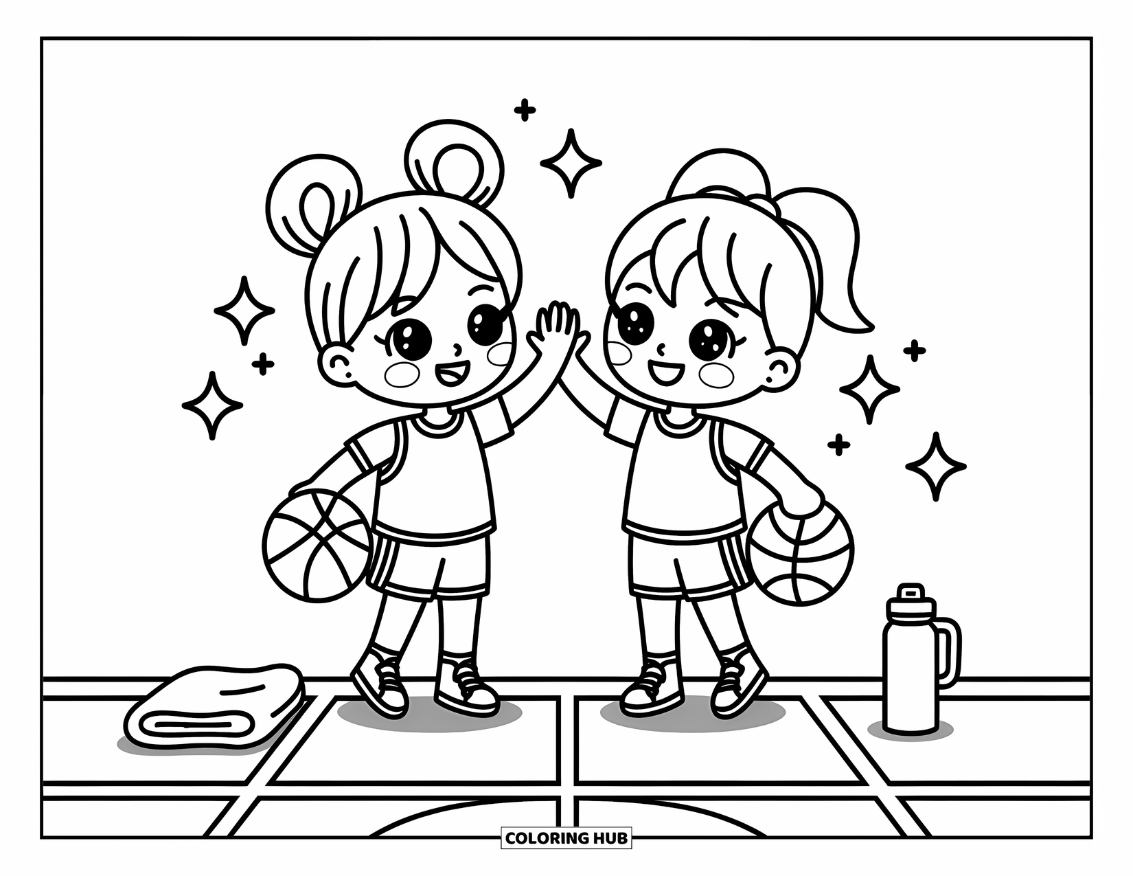 Basketbal Kleurplaat voor Volwassenen: Chibi-vrienden vieren feest met een high-five, fonkelingen en bewegingslijnen vangen het moment