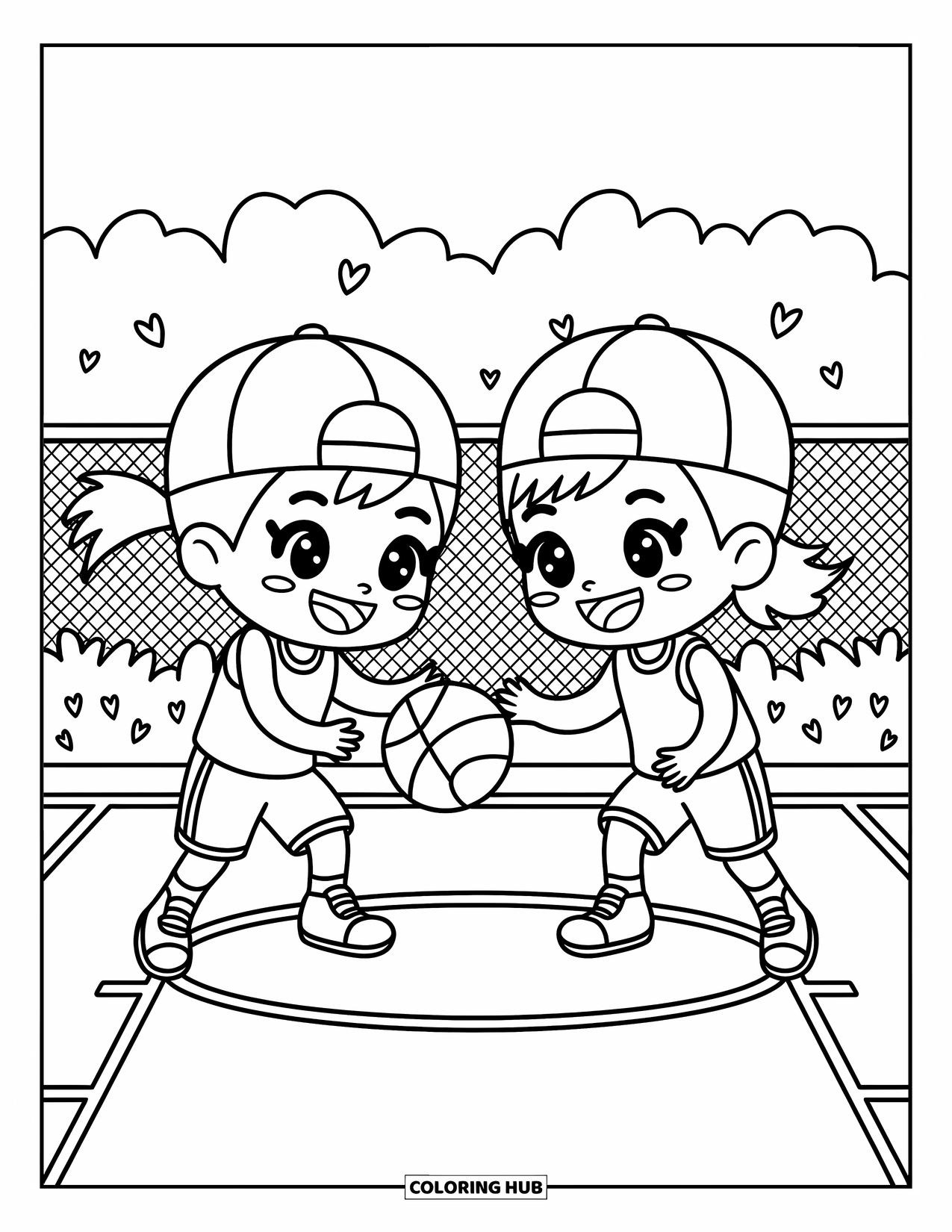 Basketbal Kleurplaat voor Volwassenen: Chibi-vrienden dribbelen op een klein veld, hun bewegingen vol energie en plezier