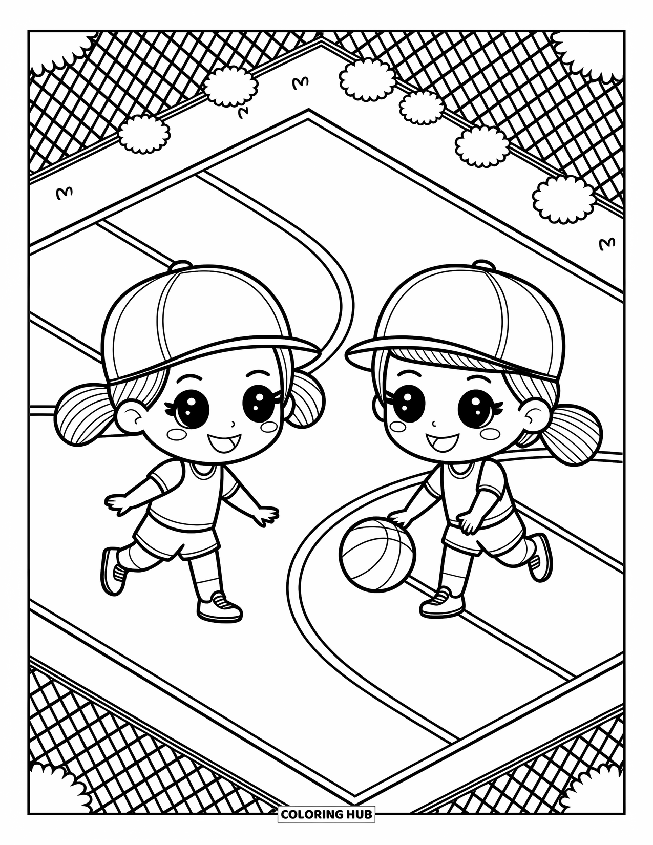 Basketbal kleurplaat voor volwassenen: Chibi kinderen glimlachen midden in een dribbel tijdens een vriendschappelijke basketbalwedstrijd op een gezellig buitenveld