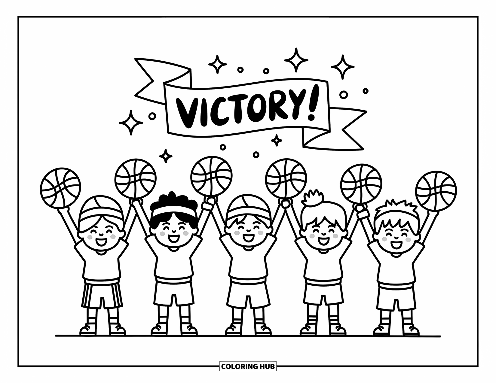 Basketbal Kleurplaat voor Volwassenen: Chibi-teamgenoten vieren een overwinning met opgeheven armen en basketballen in de lucht