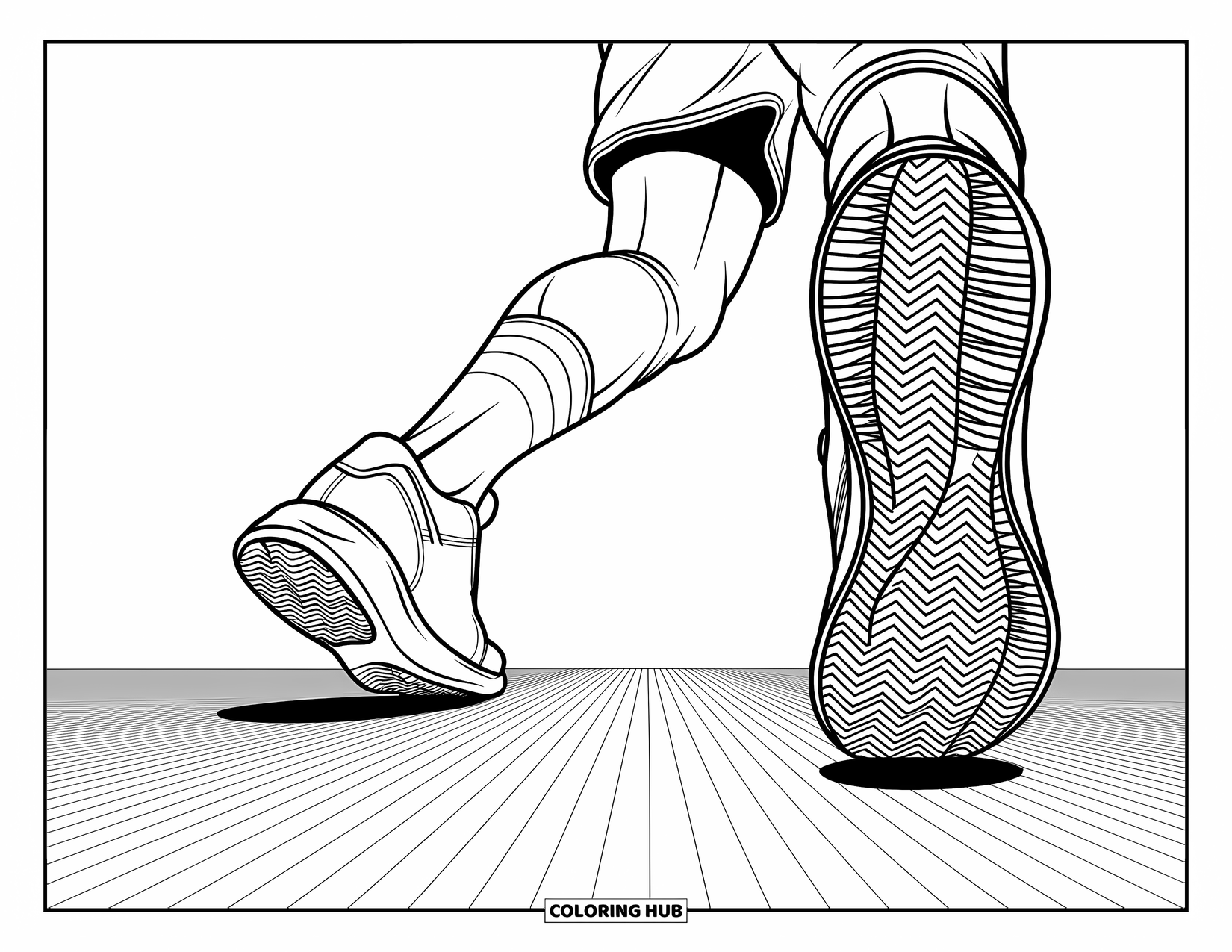 Basketbal kleurplaat voor volwassenen: Close-up van snel voetenwerk met sneakers met patronen en ritmische vloertexturen