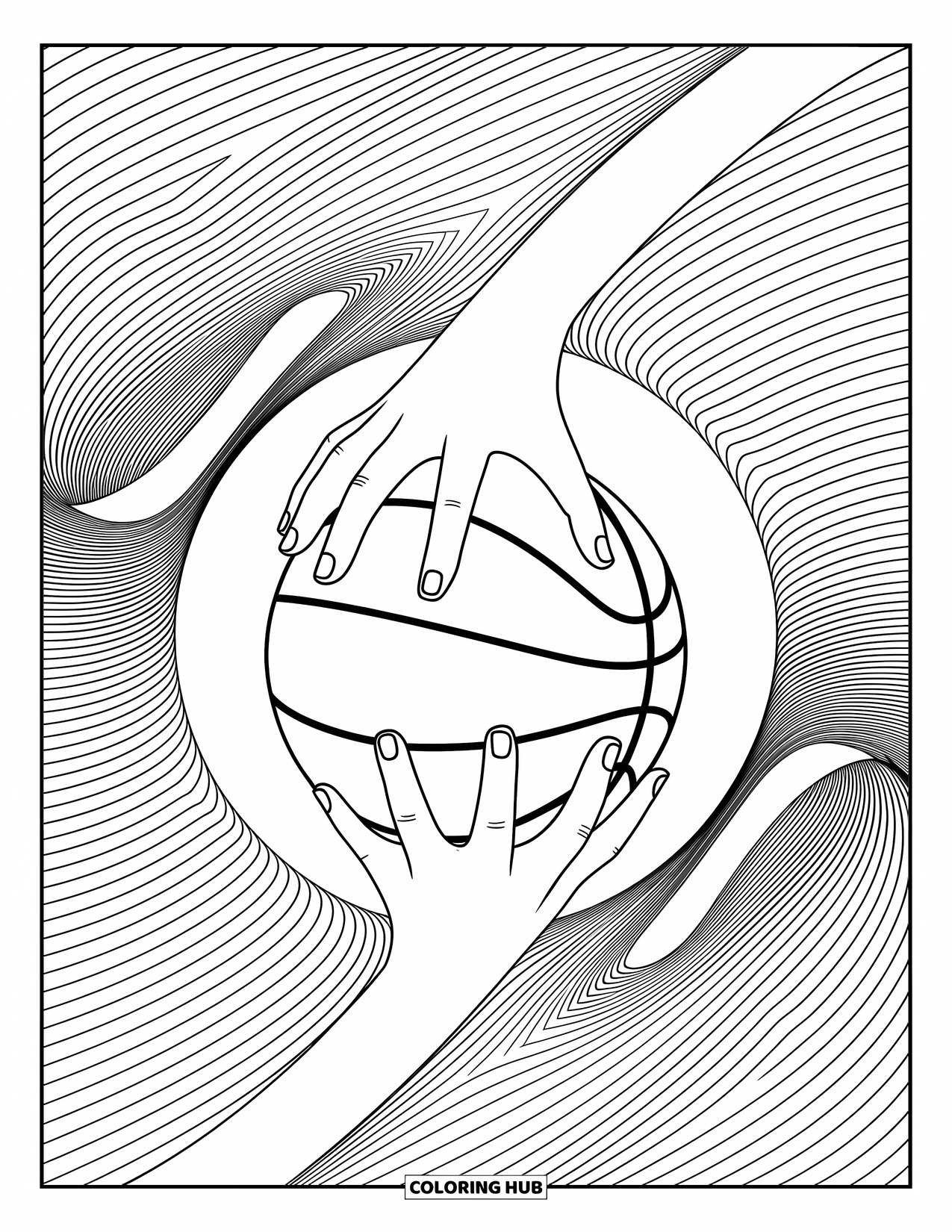 Basketbal kleurplaat voor volwassenen: Close-up van handen die een basketbal vasthouden, omringd door rustgevende spiraalpatronen