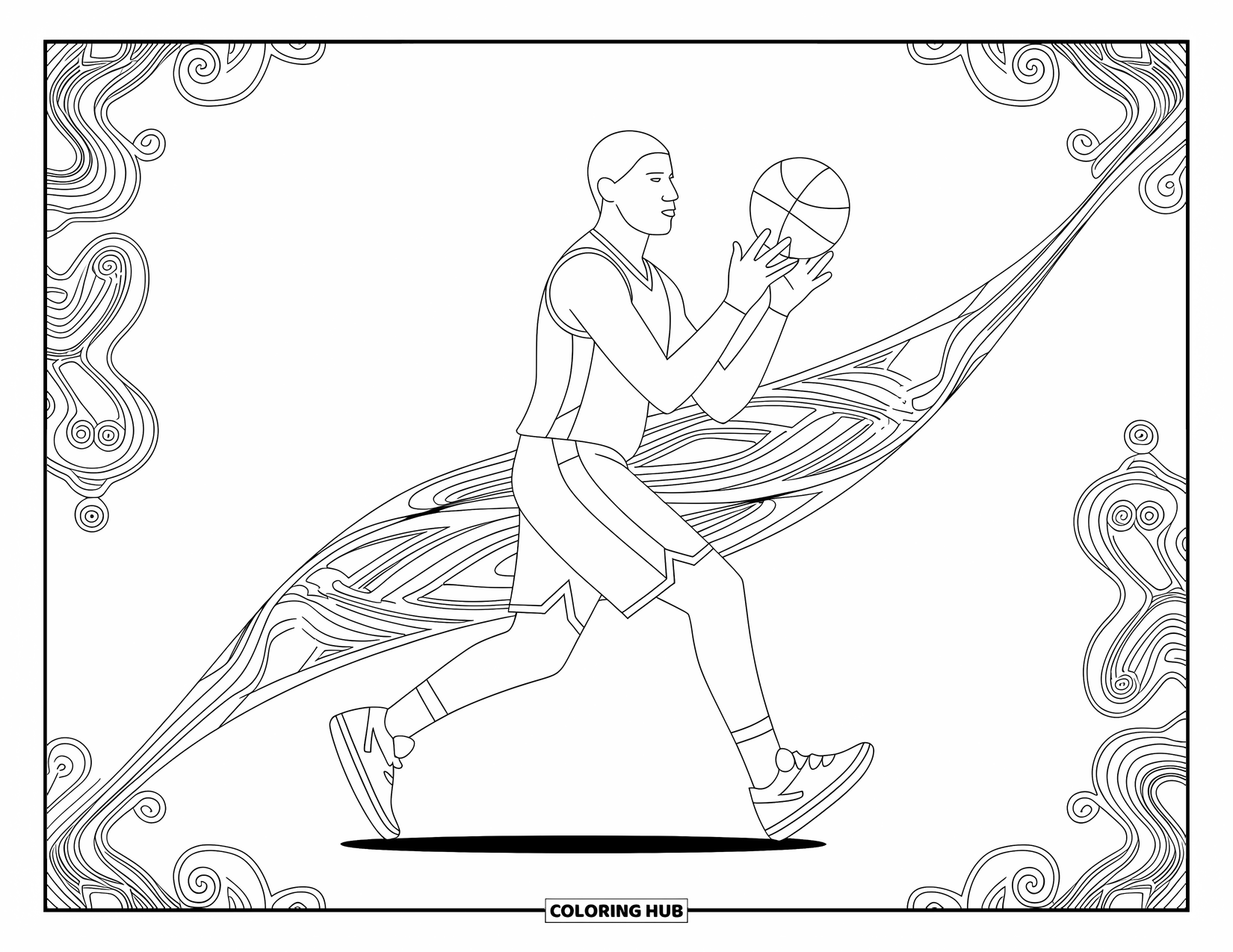 Basketbal kleurplaat voor volwassenen: Crossover beweging met wervelende veldpatronen en dynamische pose vol beweging