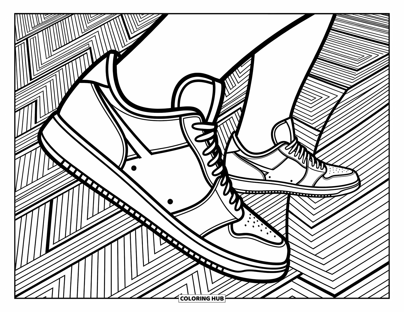 Basketbal kleurplaat voor volwassenen: Gedetailleerd voetenwerk en vloeren met patronen creëren een dynamisch, vloeiend visueel ritme