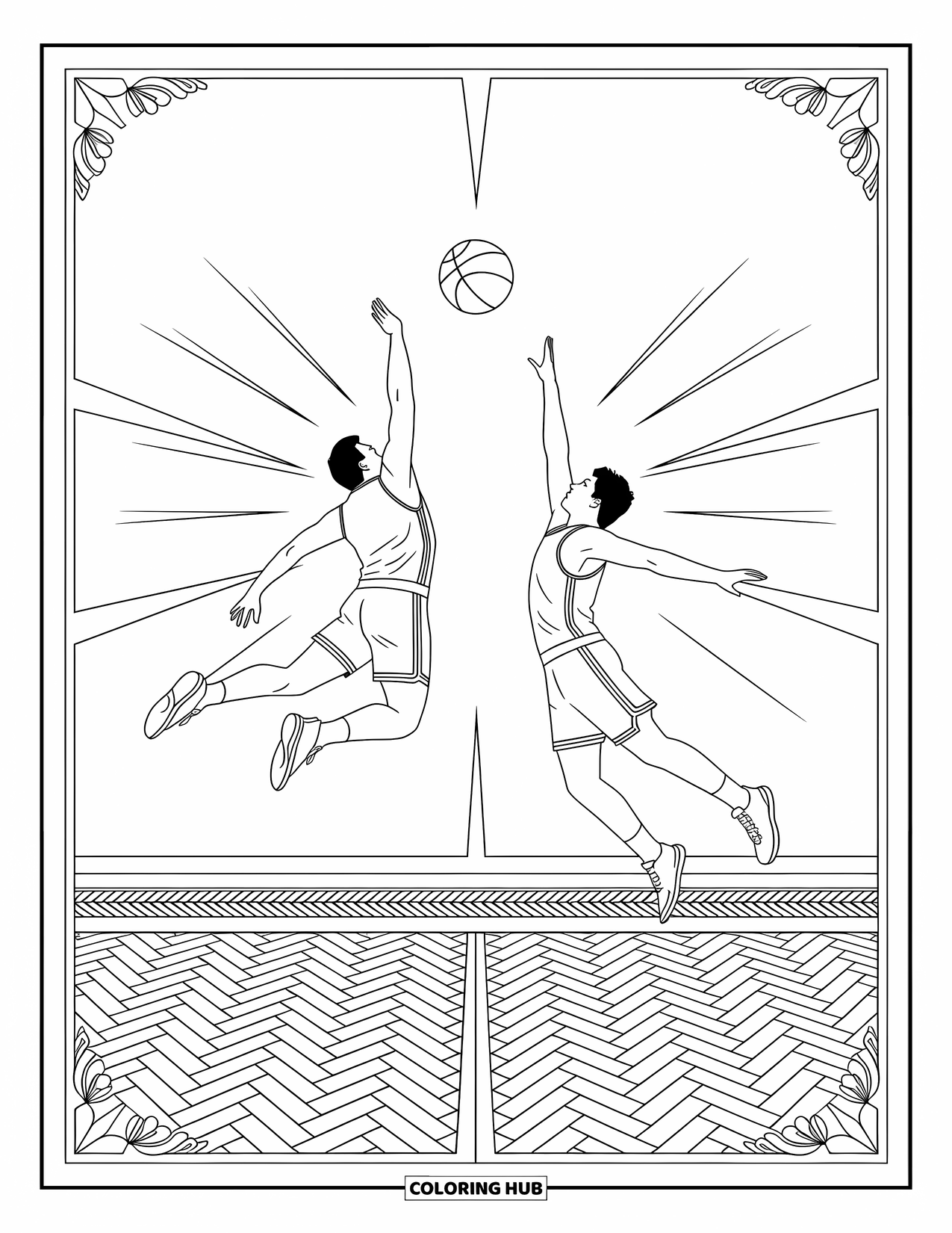 Basketbal kleurplaat voor volwassenen: Dramatische center-court tip-off met elegante bogen en gedetailleerde achtergrondpatronen