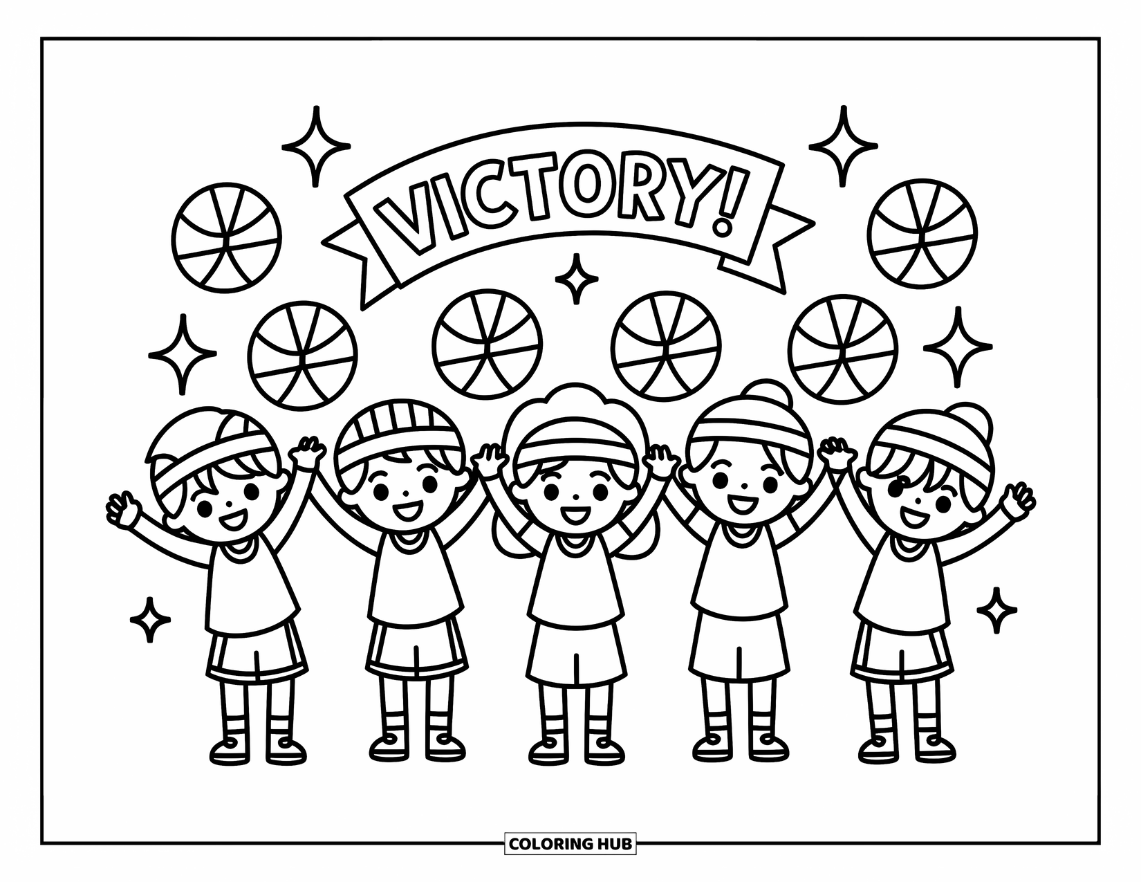 Basketbal kleurplaat voor volwassenen: Vijf enthousiaste chibi kinderen gooien hun handen in de lucht, omringd door zwevende basketballen en glitters
