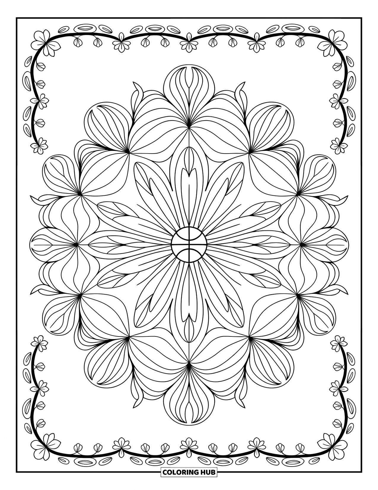 Basketbal kleurplaat voor volwassenen: Bloemmotieven wervelen rond basketballen en vermengen natuur en beweging tot één rustige scène