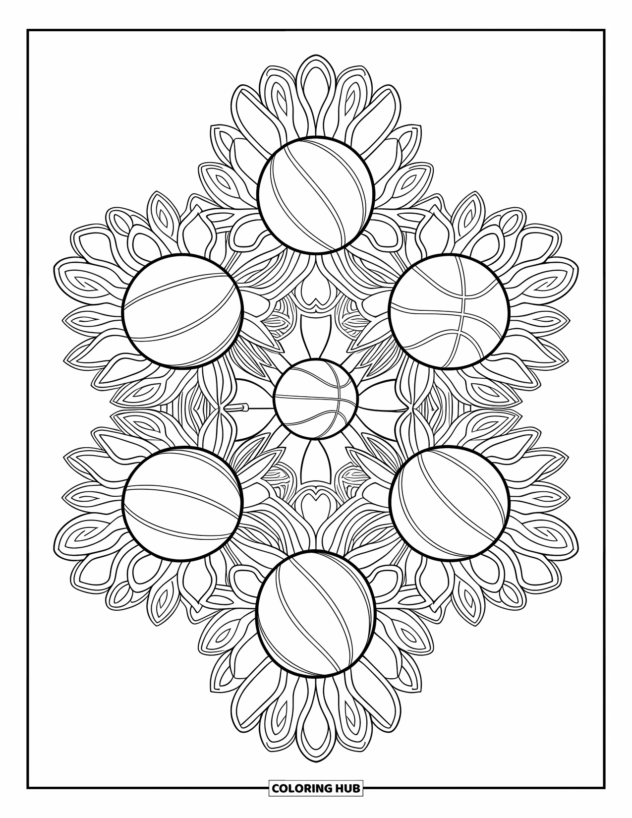 Basketbal kleurplaat voor volwassenen: Bloemmotieven gaan wijd open, elk met een basketbal in het midden