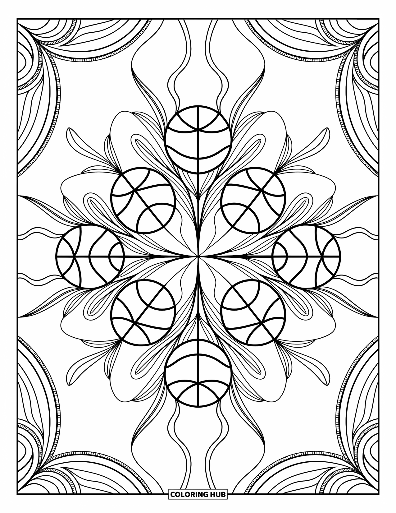Basketbal kleurplaat voor volwassenen: Bloemen barsten open met zachte rondingen en lijnen, elk met een basketbal erin