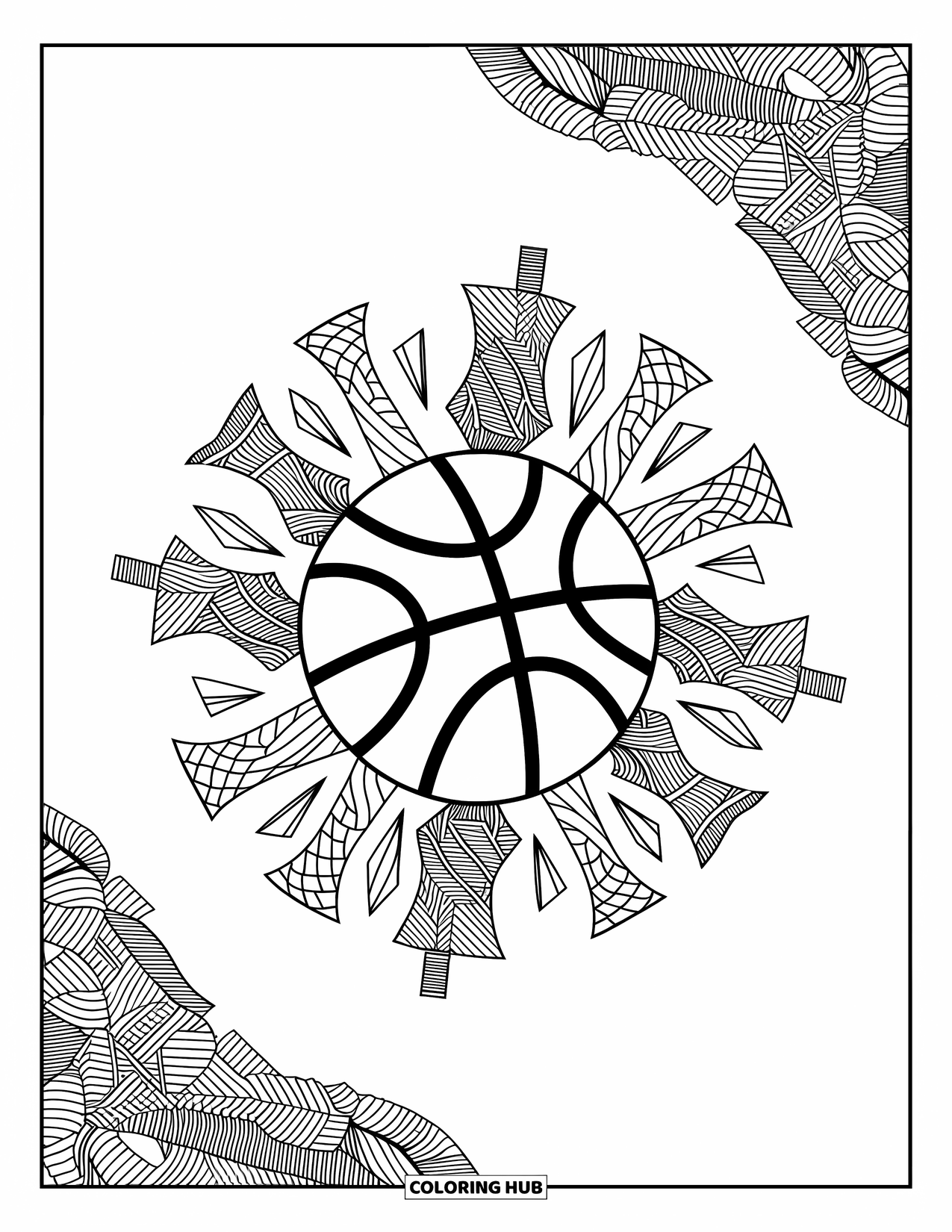 Basketbal kleurplaat voor volwassenen: Fragmenten van een basketbal zweven naar buiten, gevuld met geweven patronen en zachte beweging
