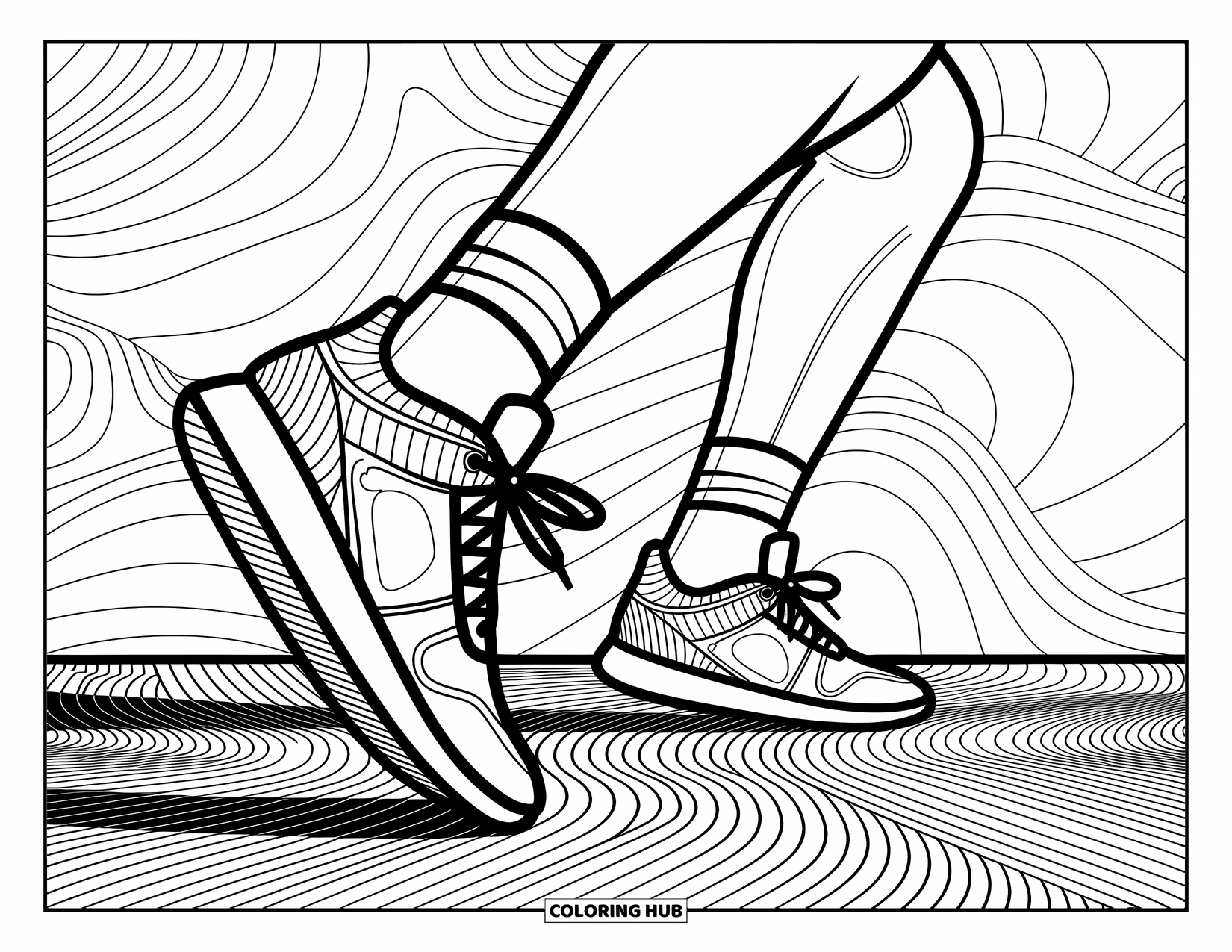 Basketbal kleurplaat voor volwassenen: Intens voetenwerk en een veld met patronen creëren een ritmisch, gedetailleerd moment in beweging