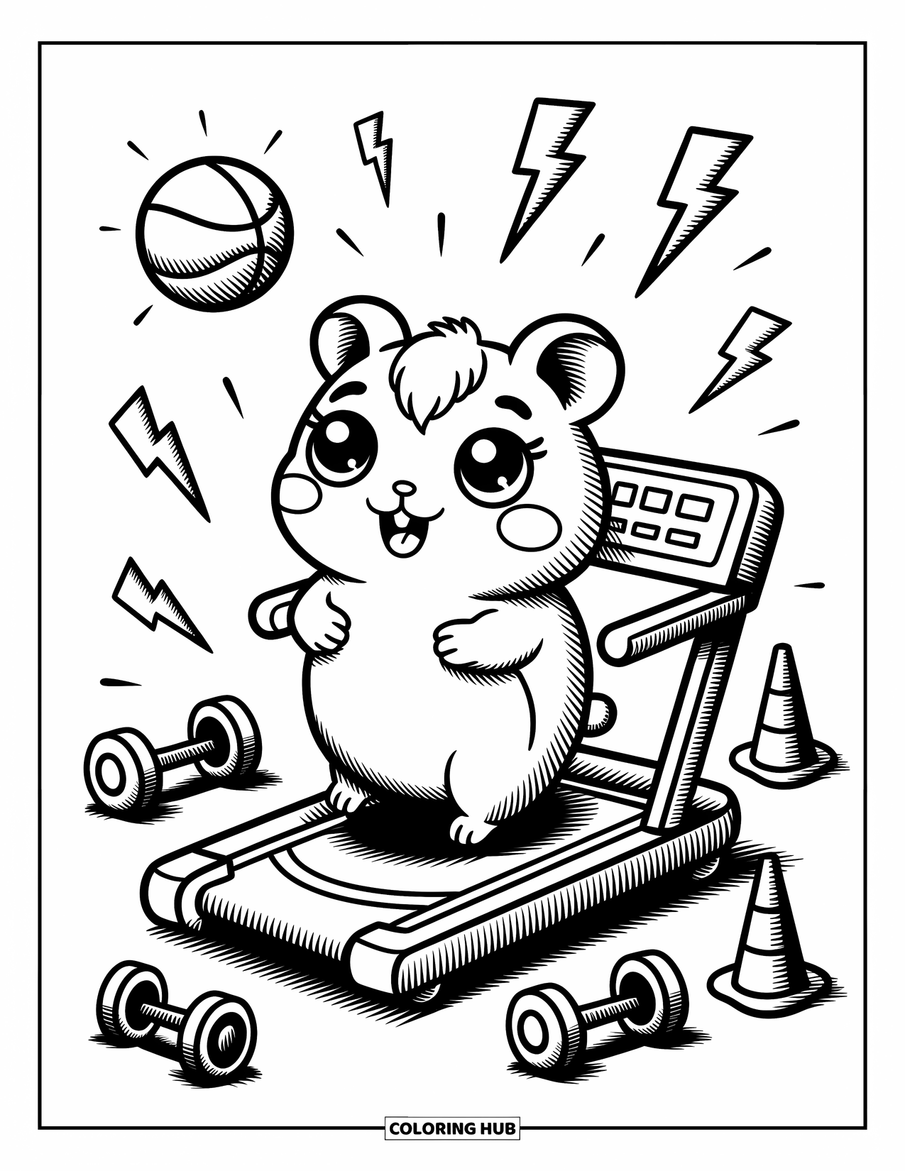 Basketbal Kleurplaat voor Volwassenen: Kawaii-hamster sprint vrolijk op een loopbandveld, kleine bal hoog geheven