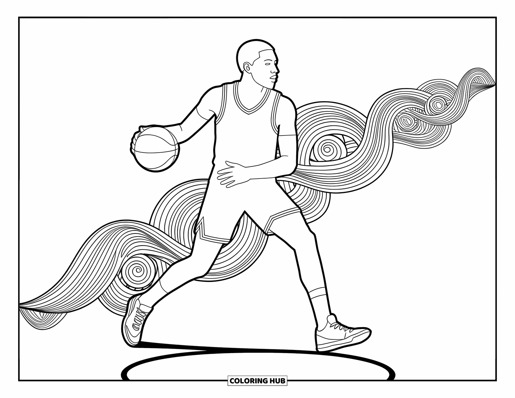 Basketbal kleurplaat voor volwassenen: Midden in een crossover beweging met elegante patronen die erachter vloeien, wat beweging en diepte toevoegt