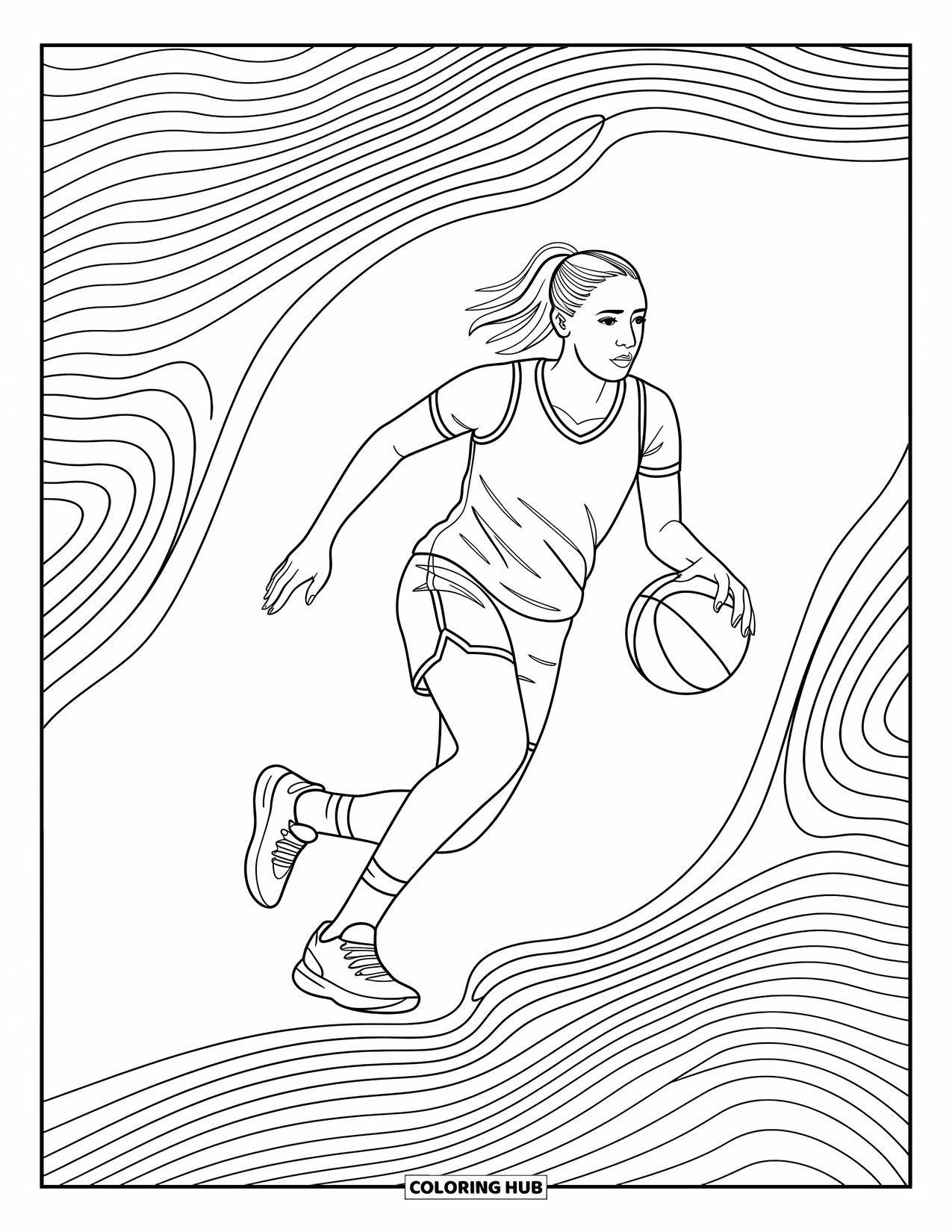 Basketbal kleurplaat voor volwassenen: Midden in een dribbel beweegt een speler gracieus door wervelende lijnen en zachte abstracte vormen
