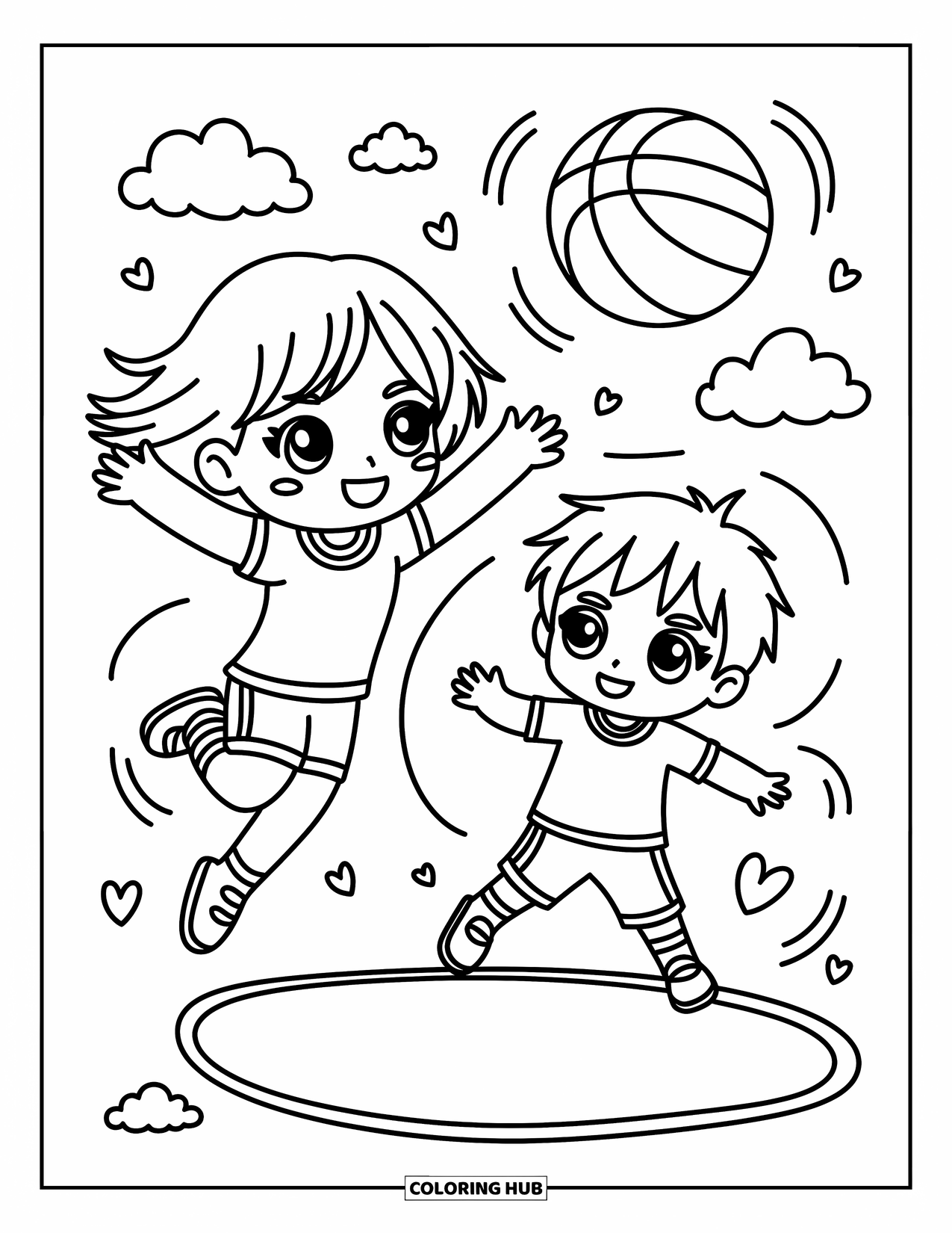 Basketbal Kleurplaat voor Volwassenen: Midden in de sprong probeert een chibi-meisje een schot te blokkeren terwijl een teamgenoot zich voorbereidt om te scoren