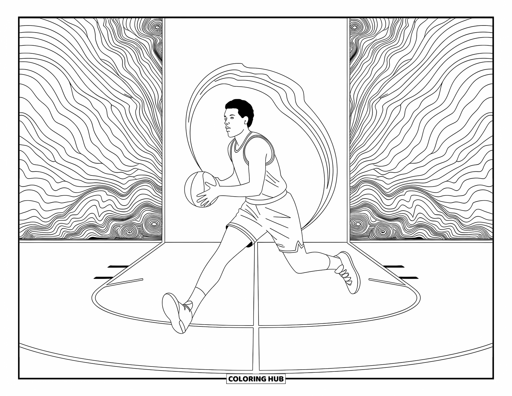 Basketbal kleurplaat voor volwassenen: Point guard midden in een crossover met wervelende veldlijnen en ingewikkelde sleep patronen