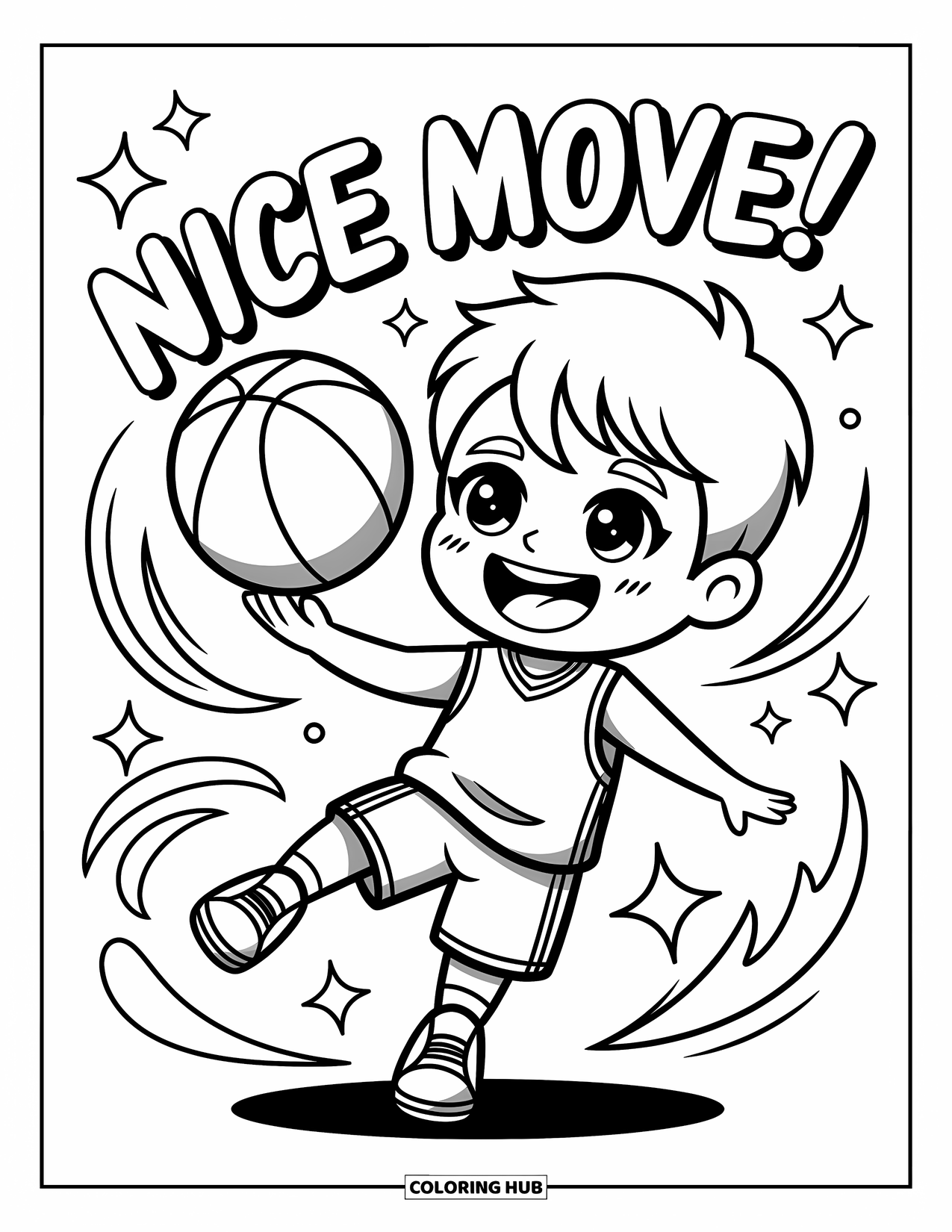 Basketbal Kleurplaat voor Volwassenen: Glimlachende chibi-jongen laat een trucschot zien met tekst in stripstijl en speelse bewegingslijnen