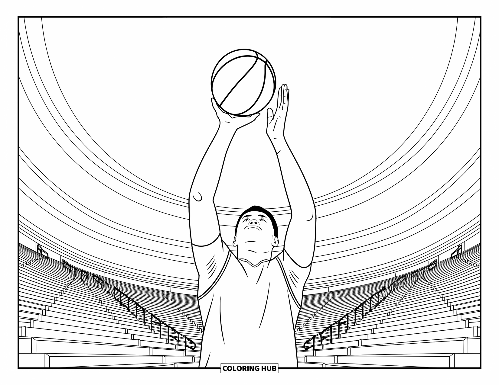 Basketbal kleurplaat voor volwassenen: Drie punts release in beweging, met sierlijke bogen en tribunes met patronen op de achtergrond