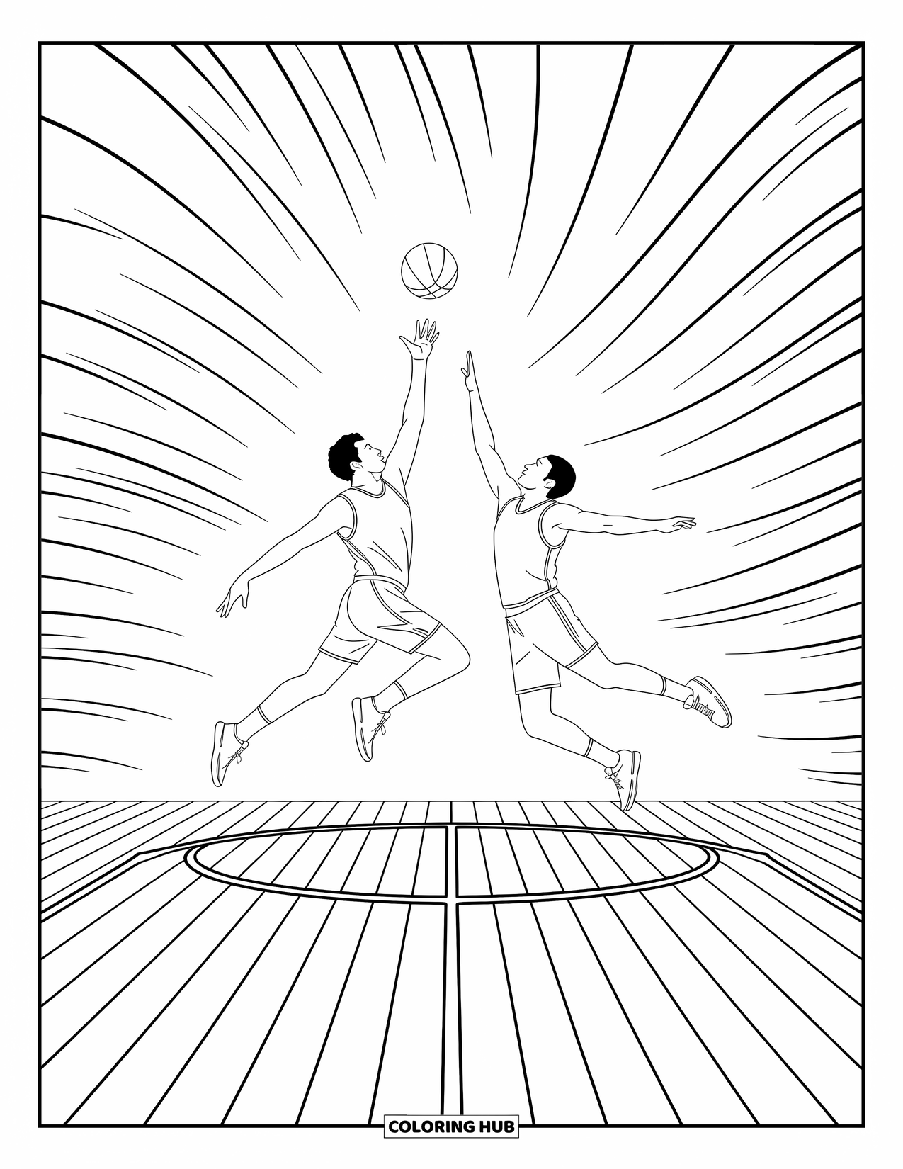 Basketbal kleurplaat voor volwassenen: Tip-off moment bevroren in de lucht, met wervelende lijnen en gedetailleerde achtergrondontwerpen