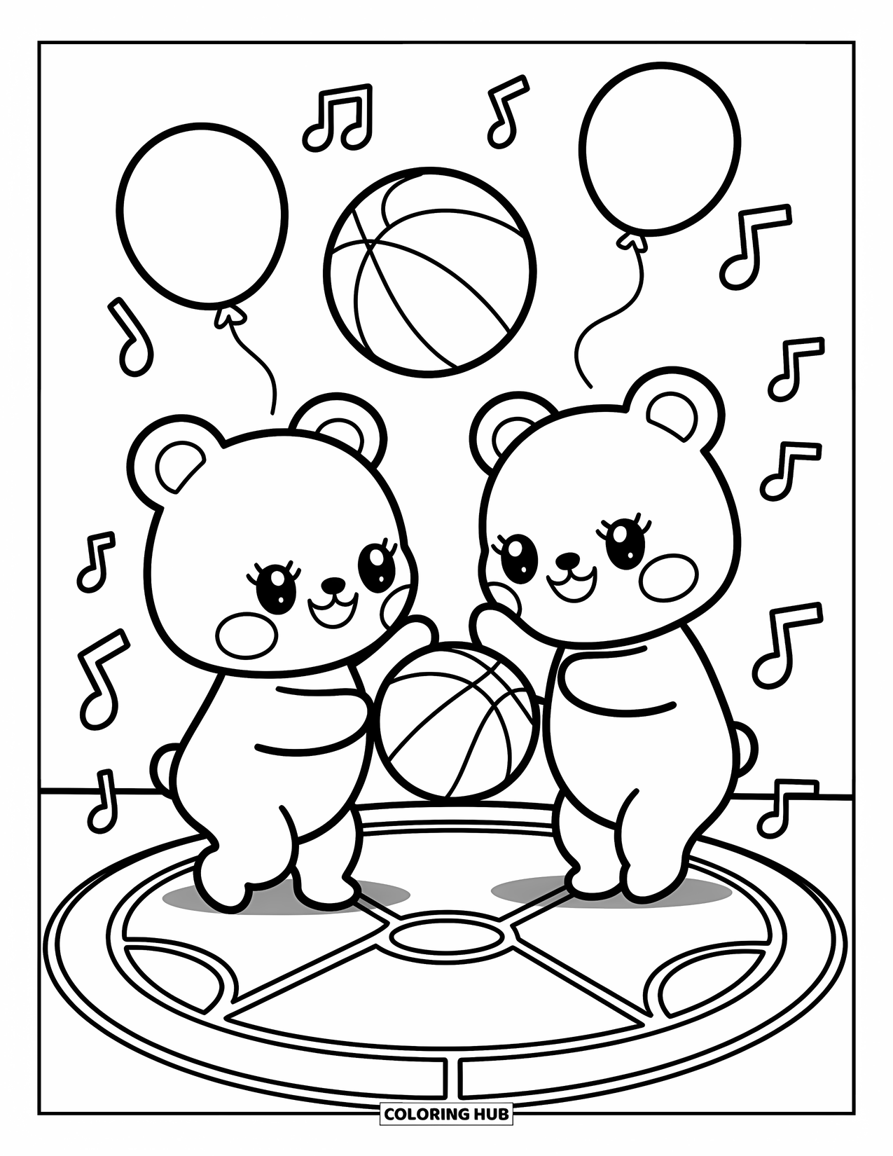 Basketbal Kleurplaat voor Volwassenen: Twee bevriende beren spelen vrolijk basketbal, omringd door ballonnen en zwevende muzieknoten