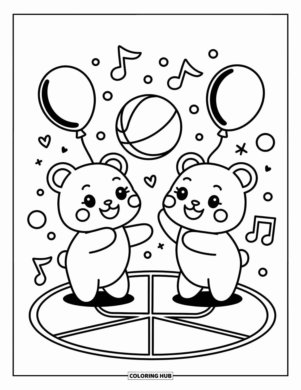 Basketbal Kleurplaat voor Volwassenen: Twee bevriende beren spelen vrolijk basketbal, omringd door ballonnen en muzieknoten
