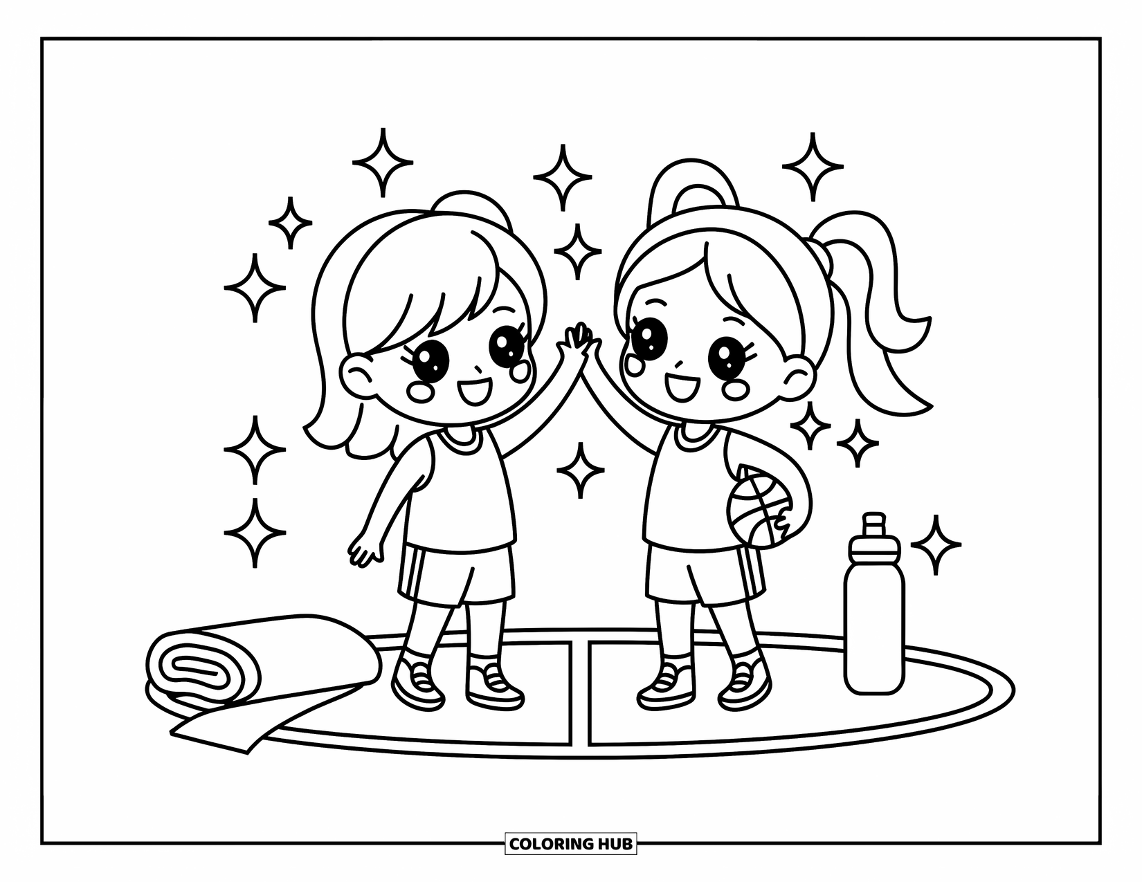 Basketbal Kleurplaat voor Volwassenen: Twee chibi-vrienden geven elkaar een high-five na de basketbaltraining, de een houdt de bal nog vast