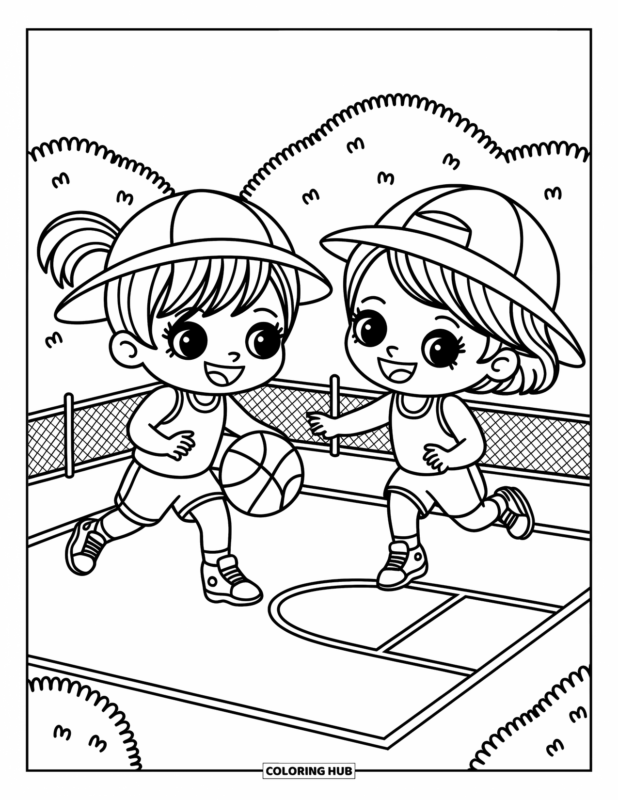 Basketbal kleurplaat voor volwassenen: Twee chibi kinderen dribbelen vrolijk op een mini veld, petten en paardenstaarten stuiteren van plezier