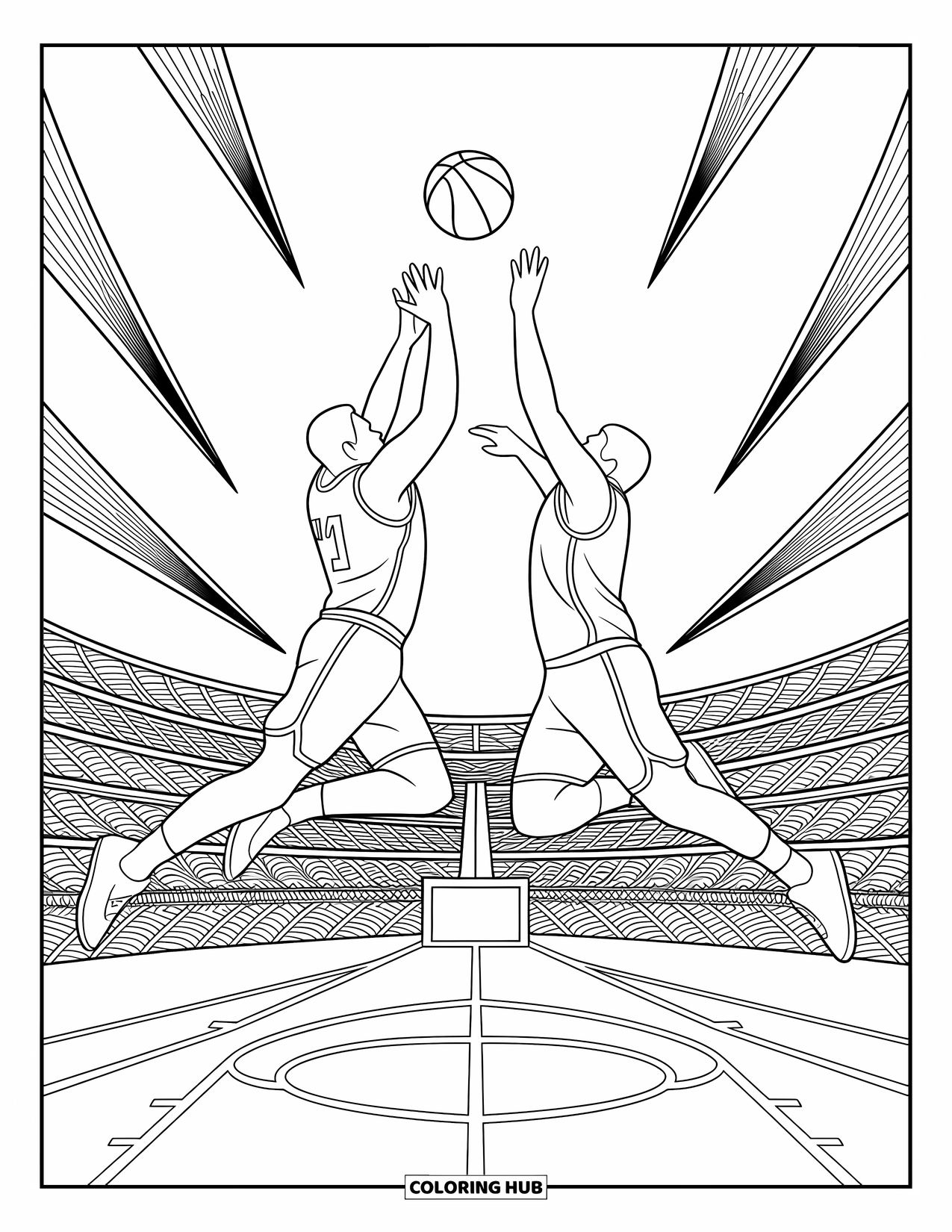 Basketbal kleurplaat voor volwassenen: Twee spelers springen voor de tip-off, omringd door wervelende beweging en elegant patroonwerk