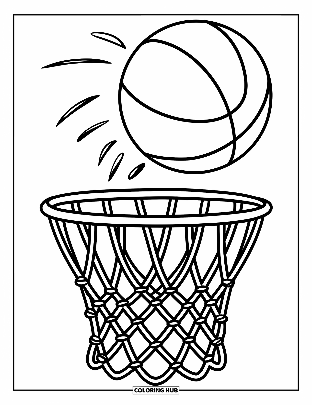 Basketbal Kleurplaat voor Kinderen: Een bal vliegt naar een peuterbasket die op de grond staat