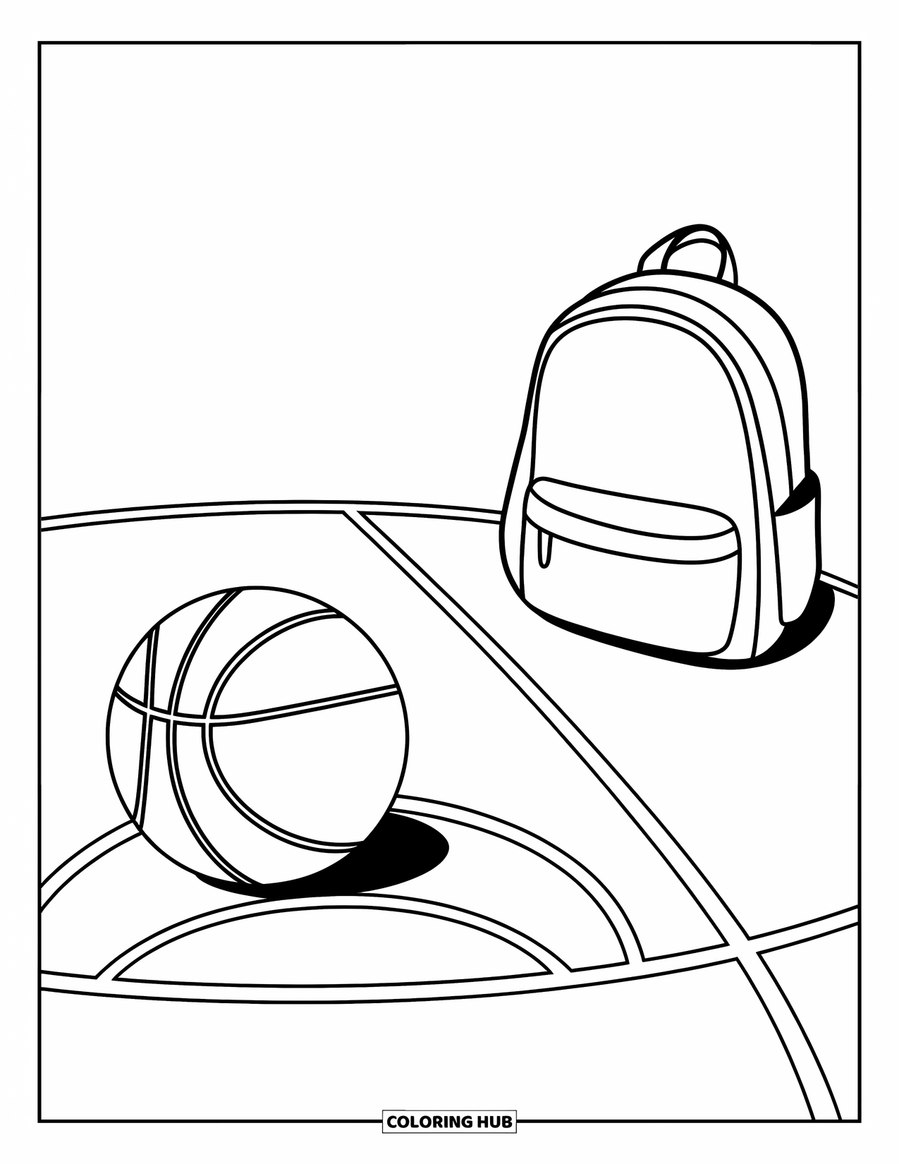 Basketbal Kleurplaat voor Kinderen: Een bal rolt over gemarkeerde lijnen op het veld naast een rugzak