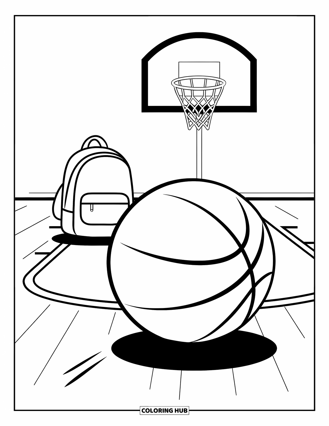 Basketbal Kleurplaat voor Kinderen: Een bal rolt over het veld terwijl een rugzak in de buurt van de basket zit